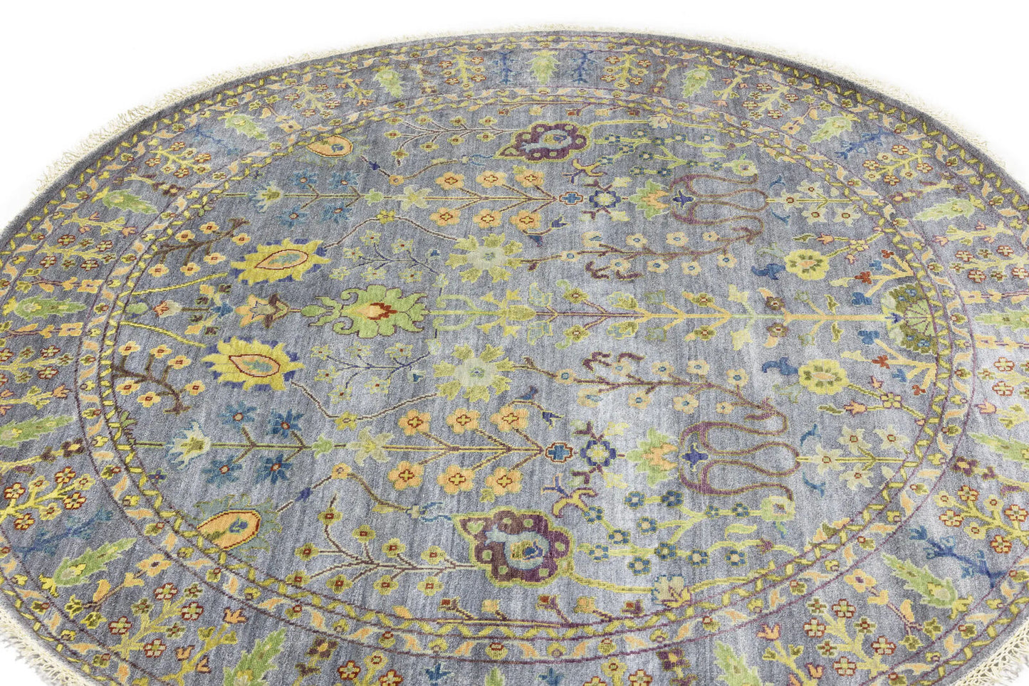 Hand-Knotted Round Oriental Rug Floral Osh Chobi