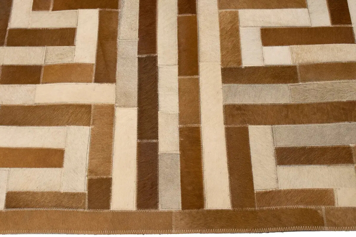Handcrafted Brown Beige Cowhide Leather Rug