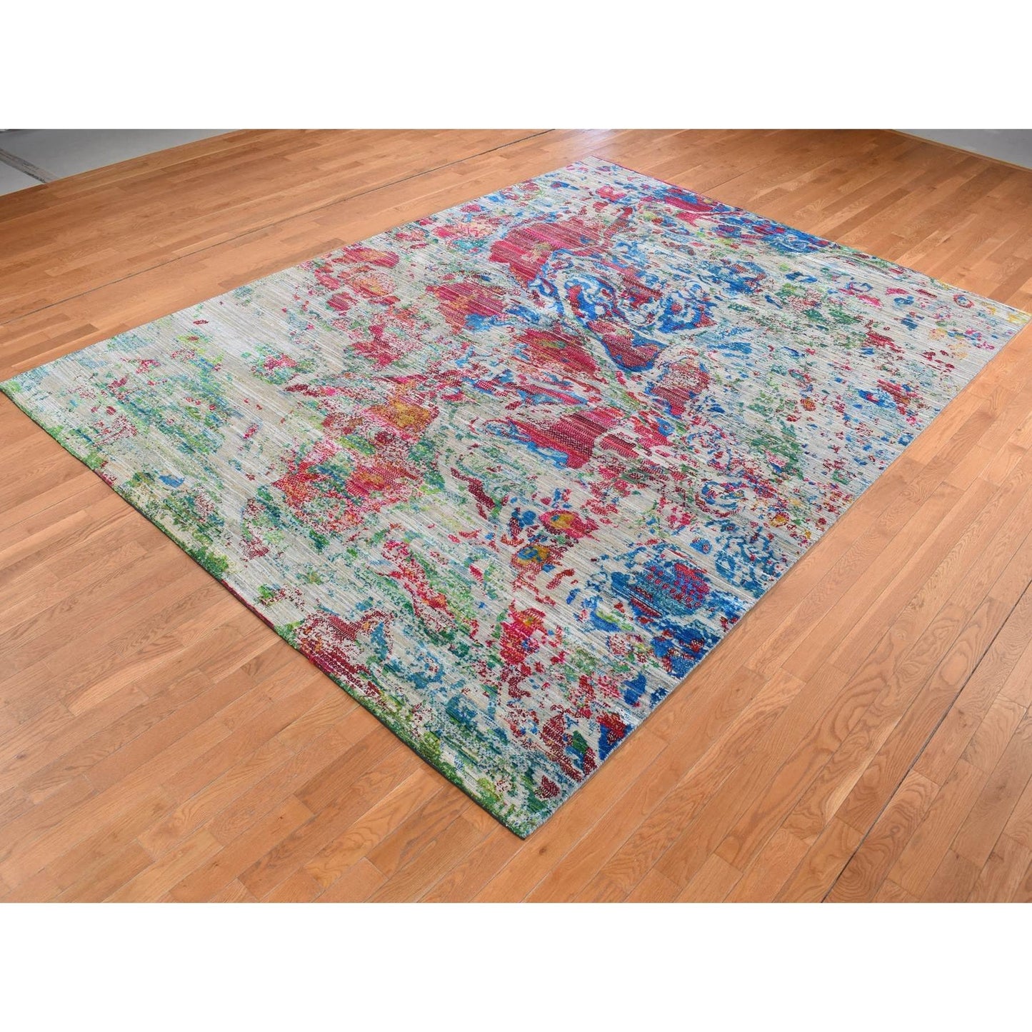 8'10"X12'2" Gray Abstract Design Sari Silk With Wool Hand Knotted Rug