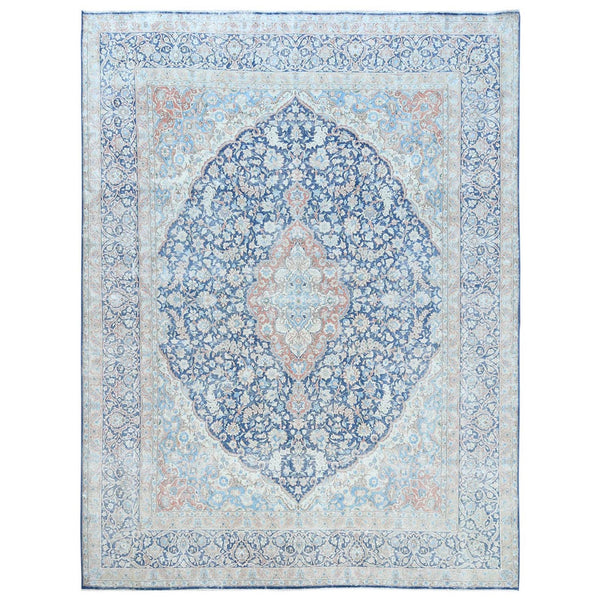 9'9"X12'8" Blue Worn Wool Hand Knotted Distressed Old Farsian Karman Rug