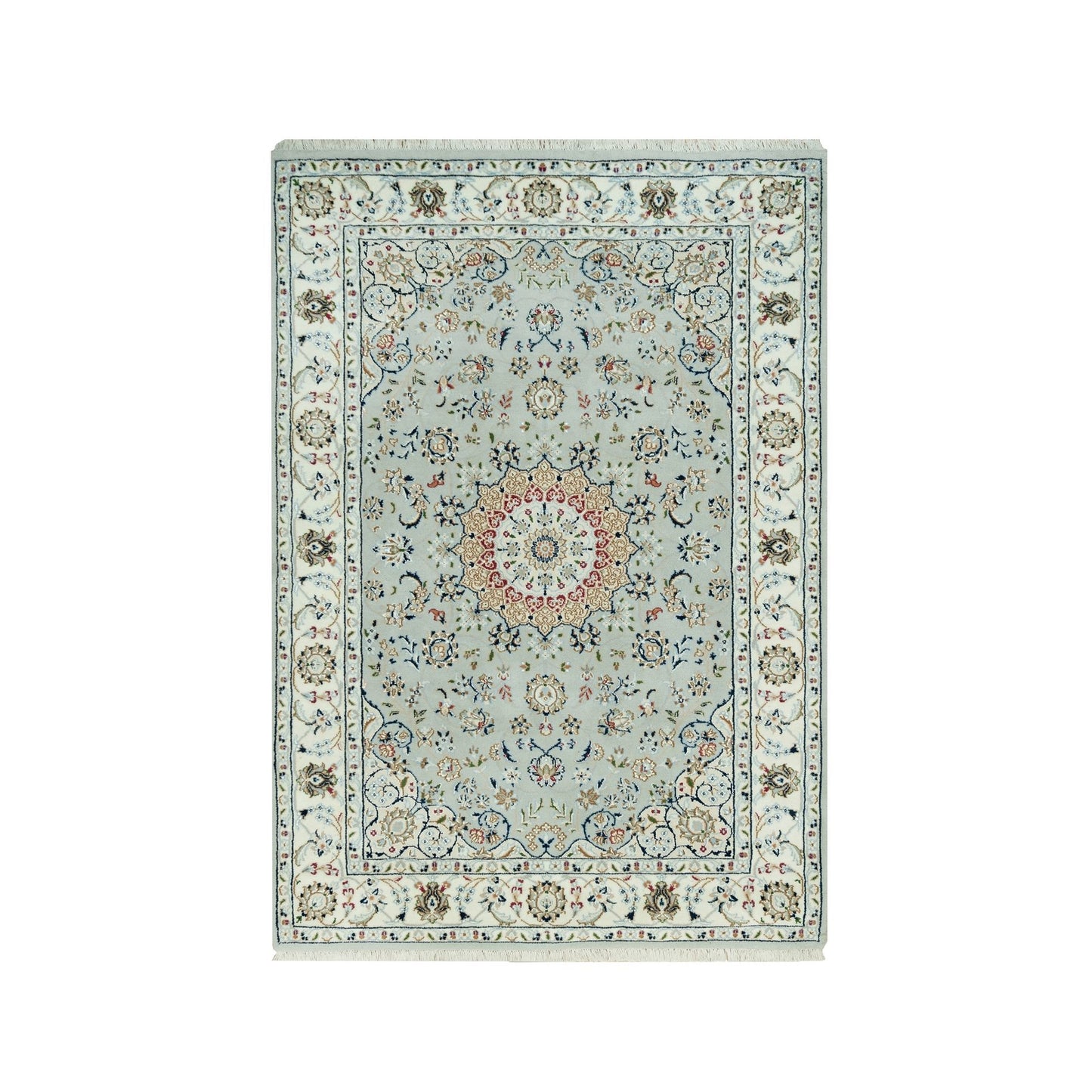 4'X6'2" Gray Hand Knotted Nain Design 250 Kpsi Soft Wool Rug