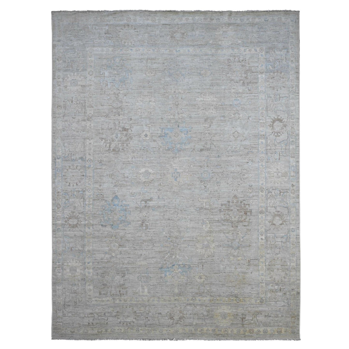 9'X11'10" Gray Afghan Angora Oushak Leaf Design Hand Knotted All Wool Rug