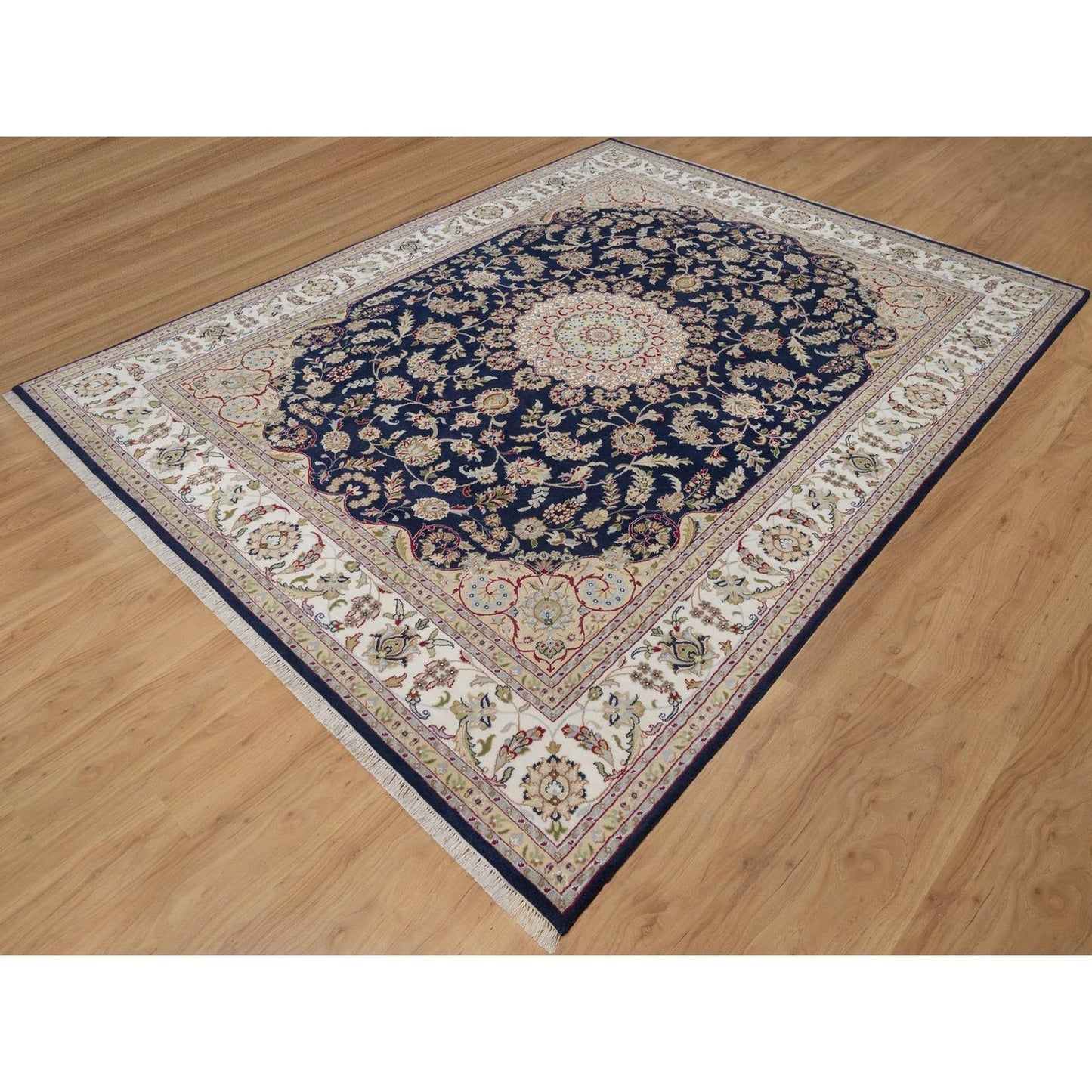 7'10"X10'3" Navy Nain Medallion Design Wool And Silk Hand Knotted Rug