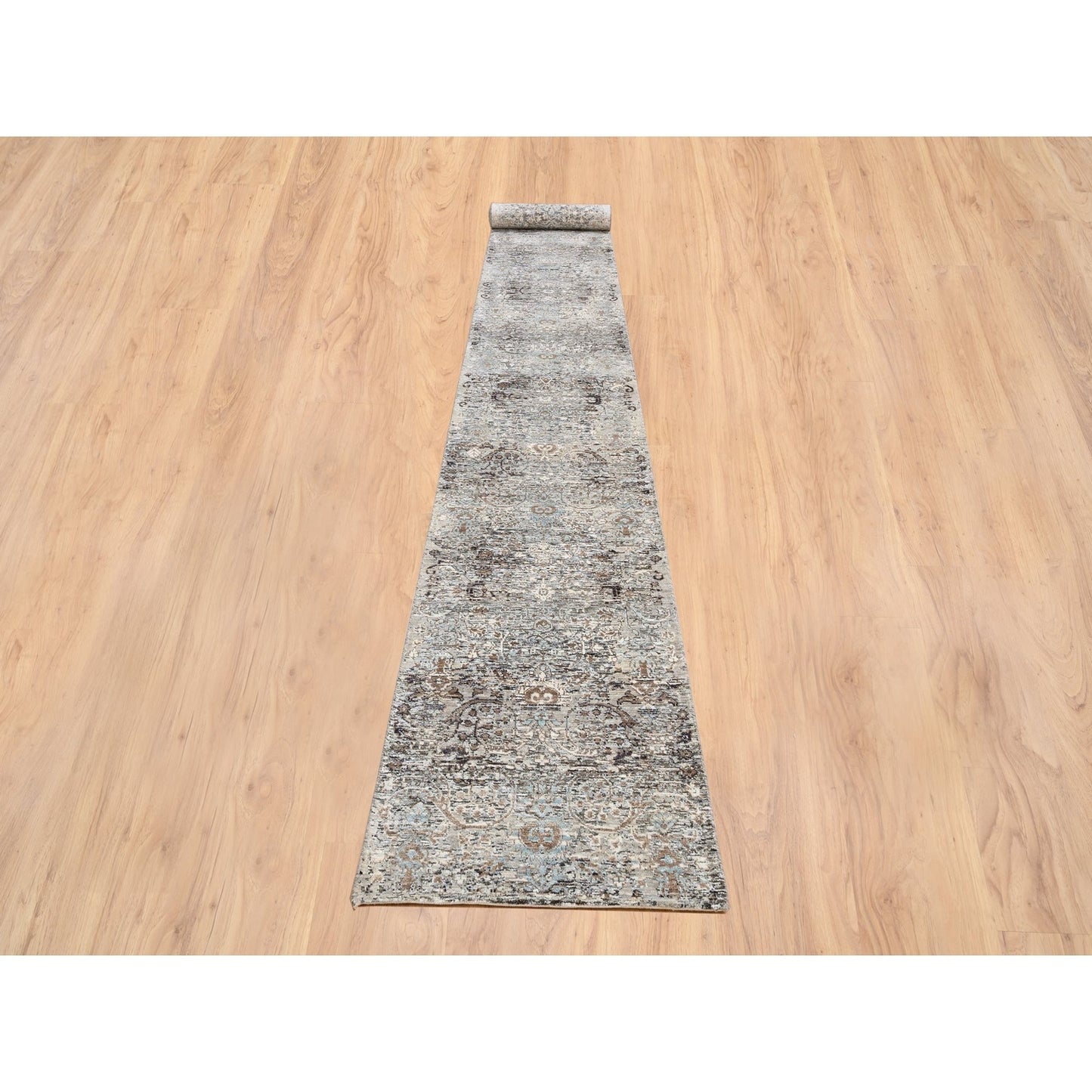 2'7"X22'3" Gray Transitional Farsian Silk/Wool Hand Knotted Xl Runner Rug