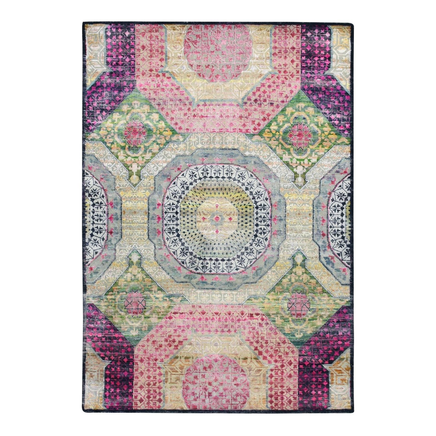 5'1"X7'4" Pink With Yellow Mamluk Design Silk With Wool Hand Knotted Rug