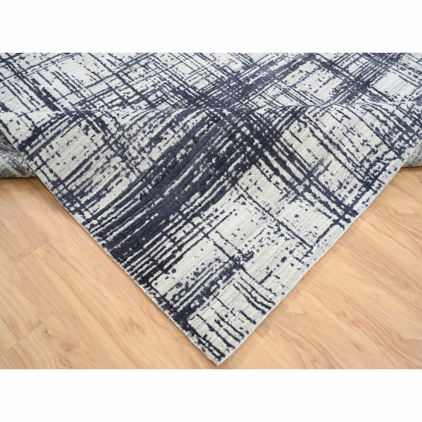 10'X13'9" Black Modern Erased Lines Design Wool And Silk Hand Loomed Rug