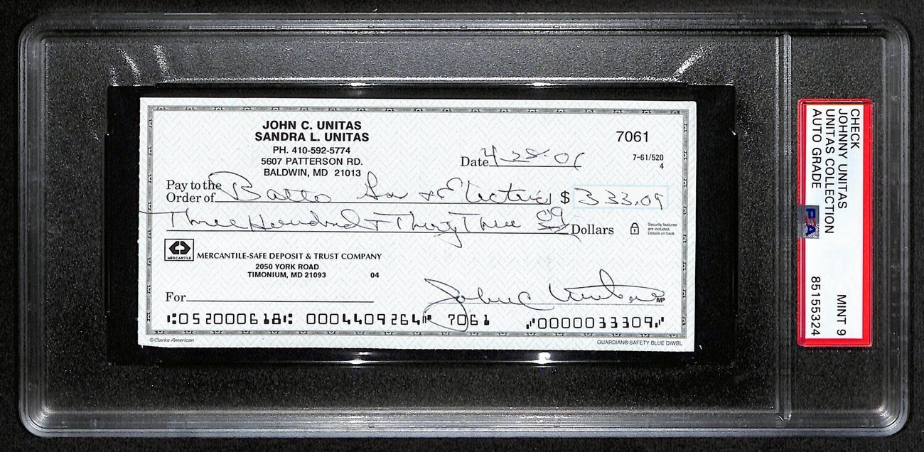 Johnny Unitas Signed 4/28/02 Check Psa/Dna Mint 9