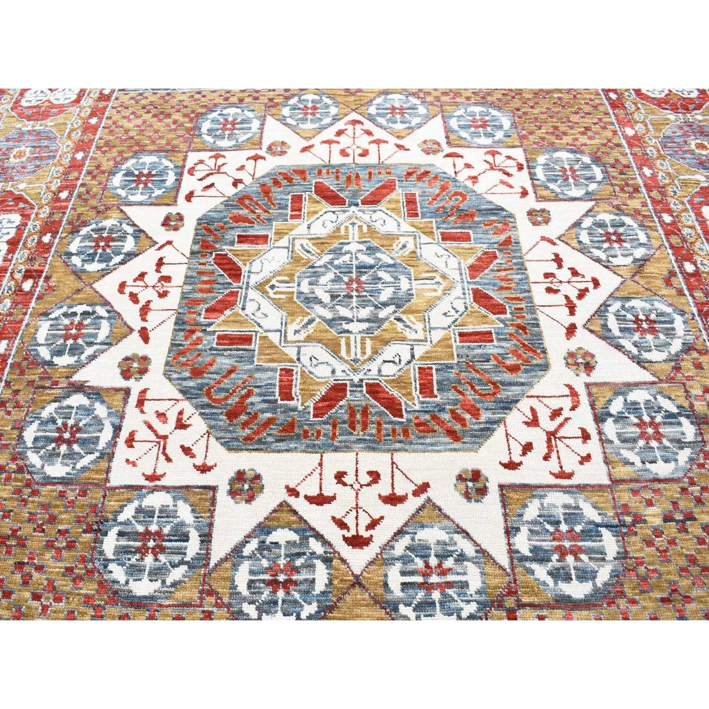 10'2"X14'2" Gold Mamluk Design Hand Spun Wool Hand Knotted Rug