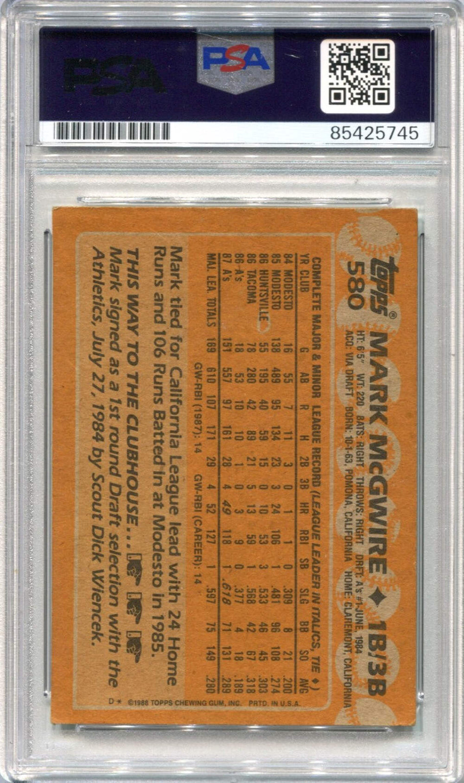 Mark Mcgwire 1988 Topps #580 Psa Authentic Autographed Card