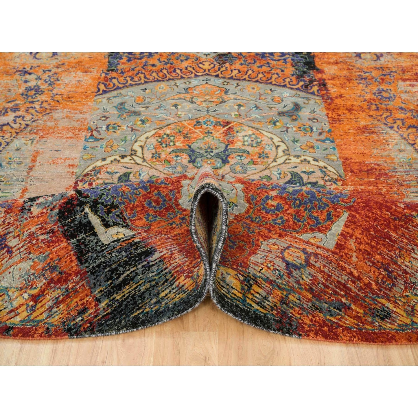 10'X10' Orange Ancient Ottoman Erased Design Wool Hand Knotted Round Rug