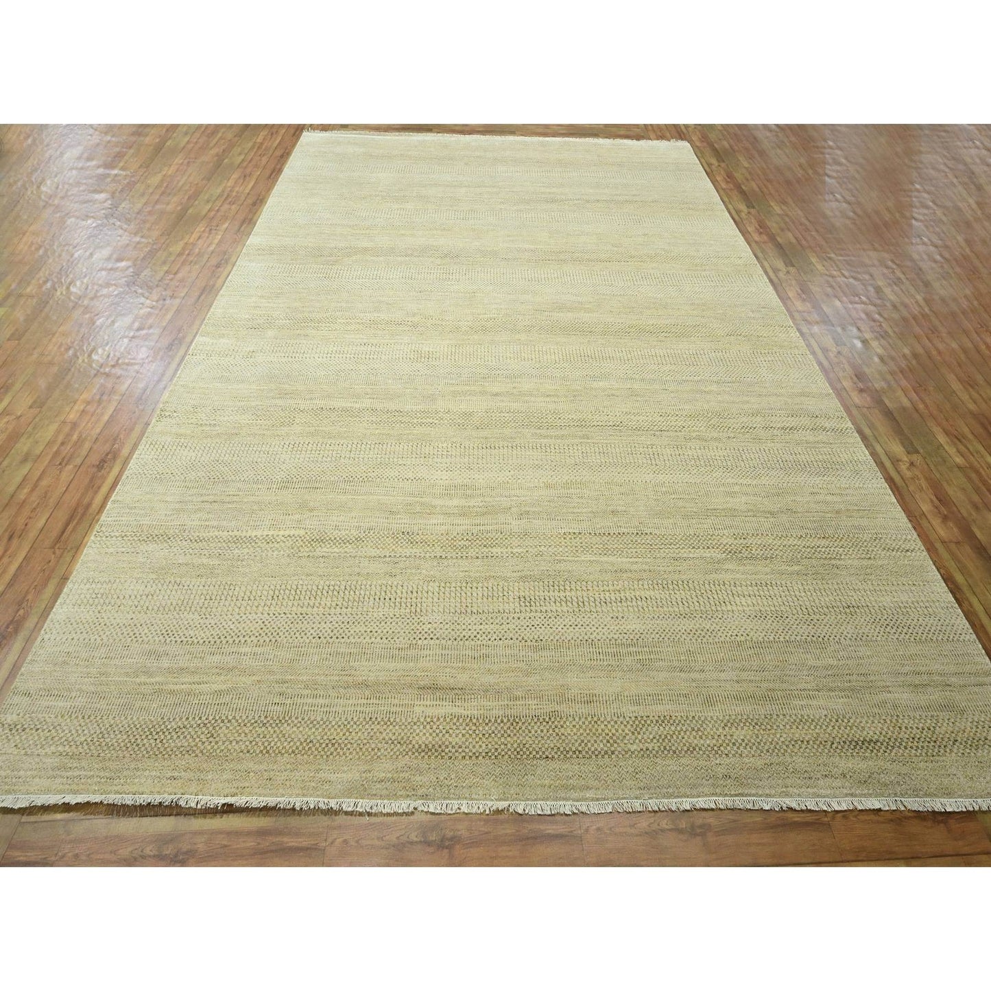 9'1"X12'3" Ecru Brown Modern Grass Design Hand Knotted Wool And Silk Rug