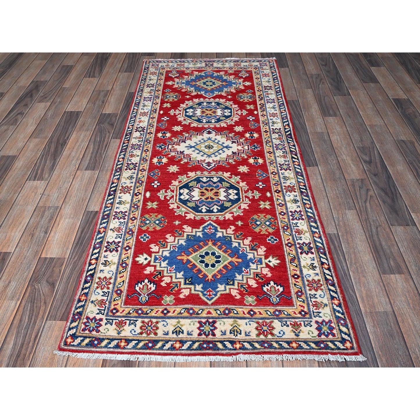 2'9"X6'6" Red Kazak Medallions Design Soft Wool Hand Knotted Runner Rug