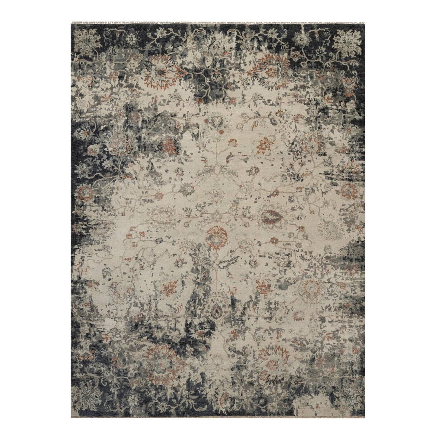 9'X12'2" Ivory Agra Design Botanical Pattern Hand Knotted Pure Wool Rug