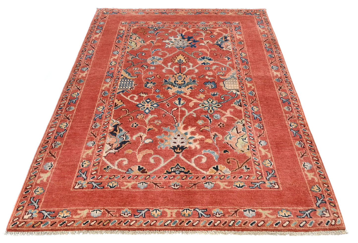 Orange Kazak Peshawar Rug 4X6 Ft Tribal Floral