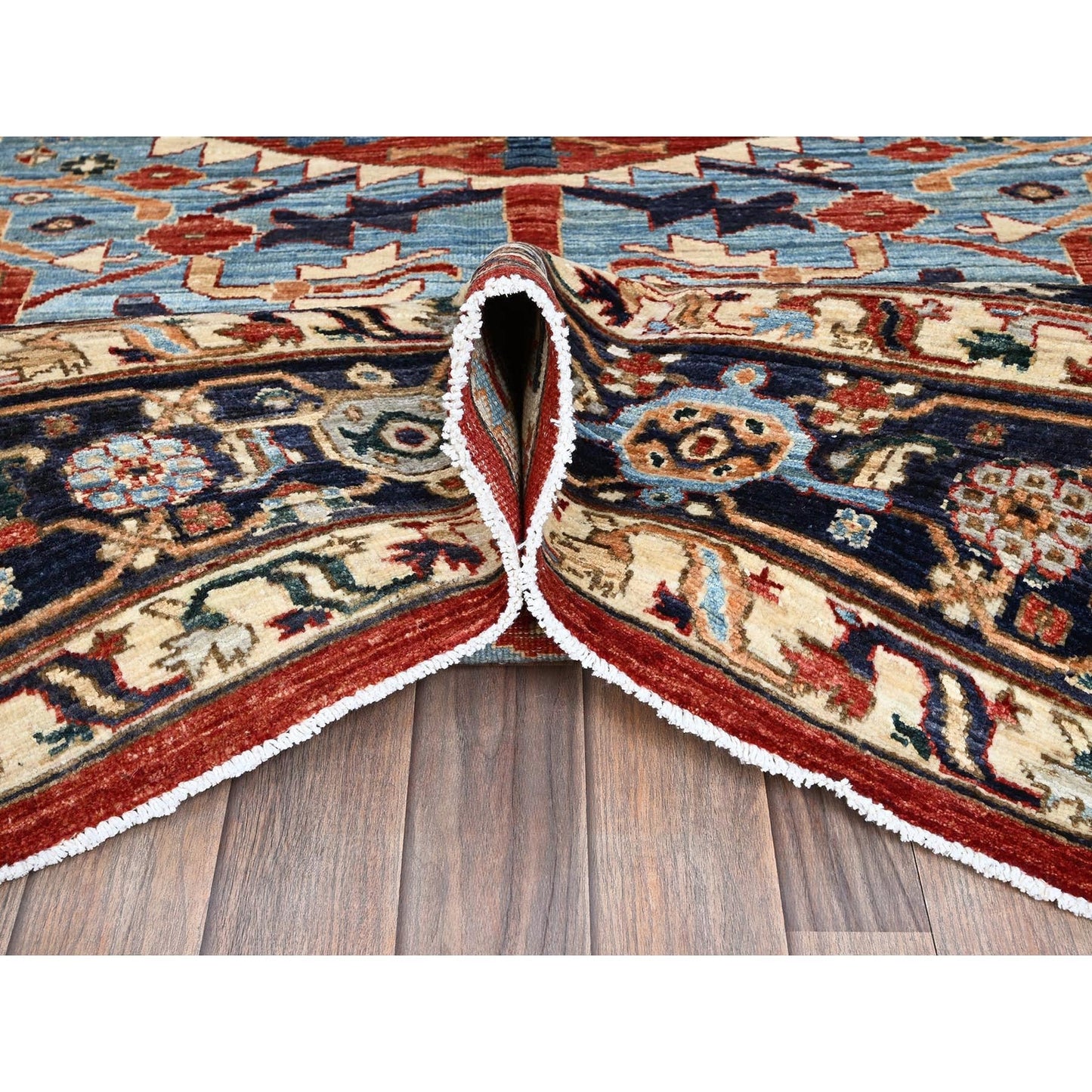 8'1"X9'8" Scarlet Red Peshawar Heris Hand Knotted High Mountain Wool Rug