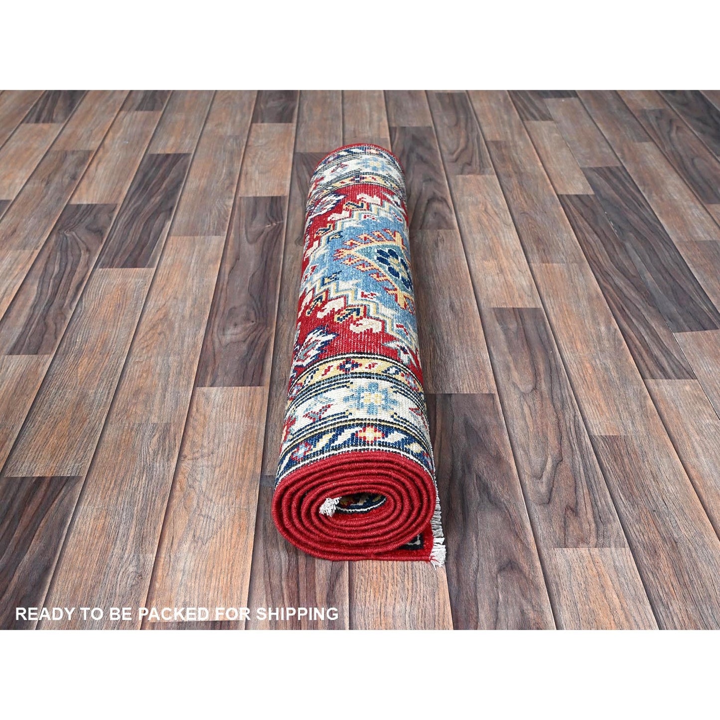 2'8"X6'7" Red Kazak With Geometric Design Soft Wool Hand Knotted Runner Rug