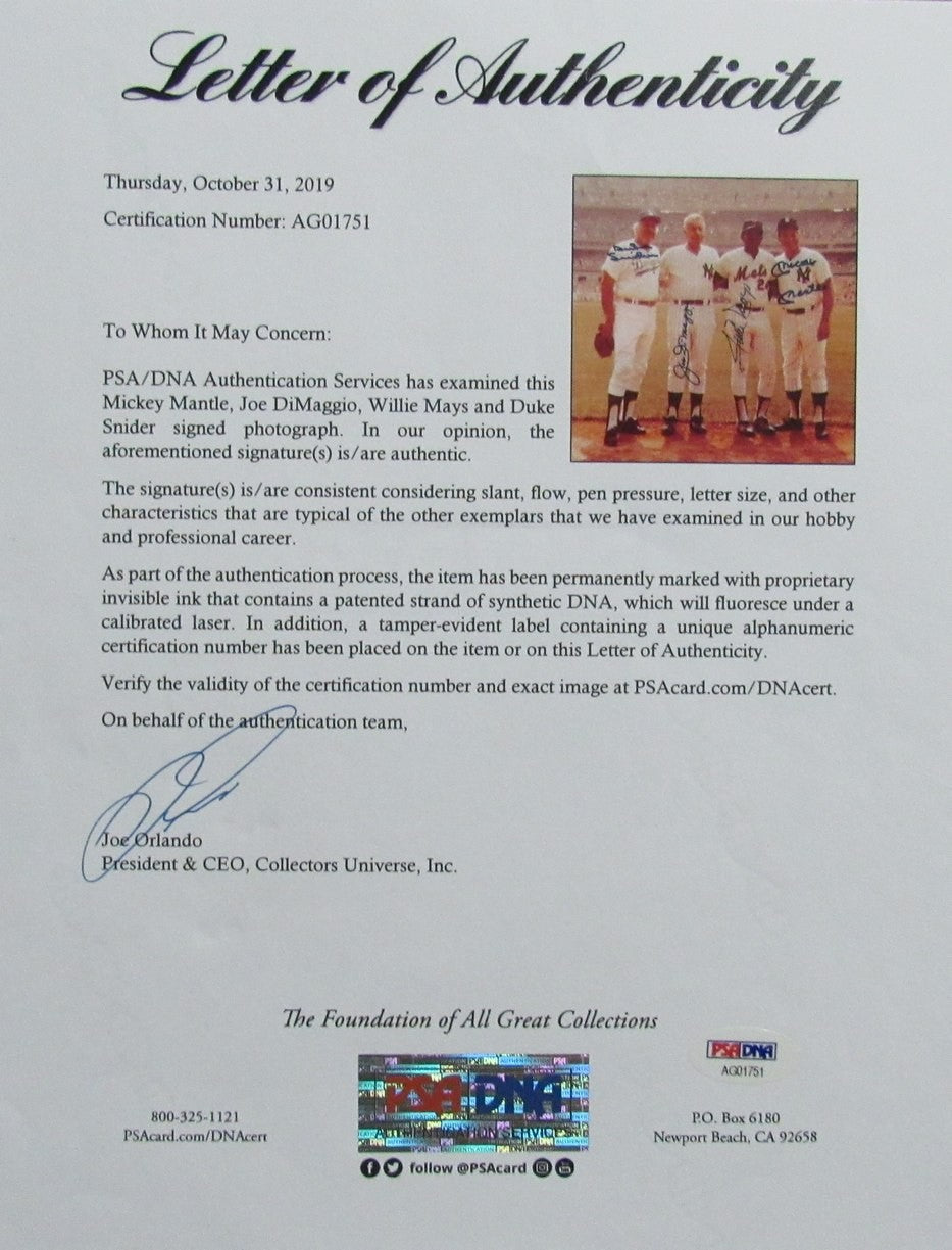 Mickey Mantle/Joe Dimaggio/Willie Mays/Snider Signed 11X14 Photo Psa/Dna 184783