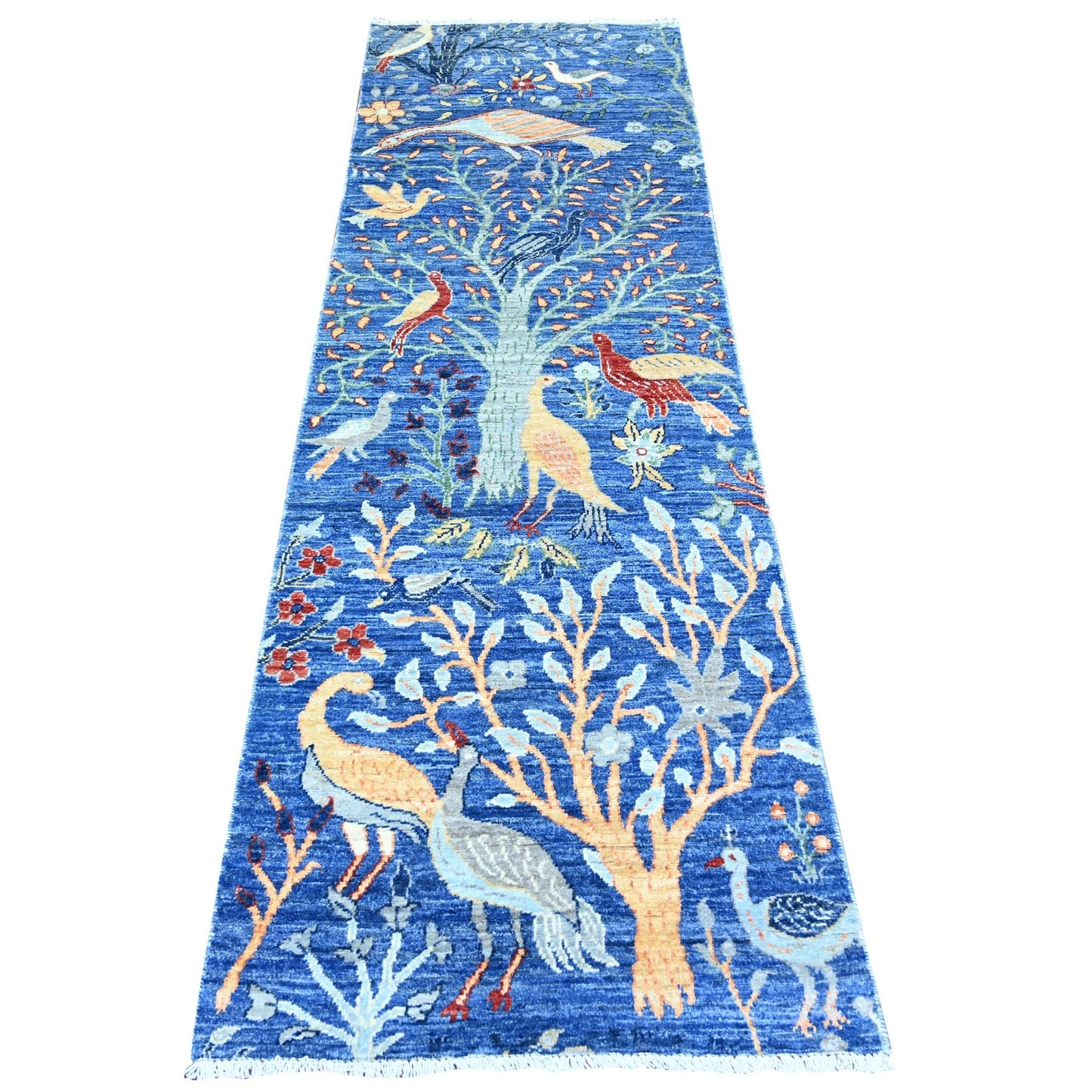 2'6"X7'8" Blue Afghan Peshawar Wool Hand Knotted Runner Oriental Rug