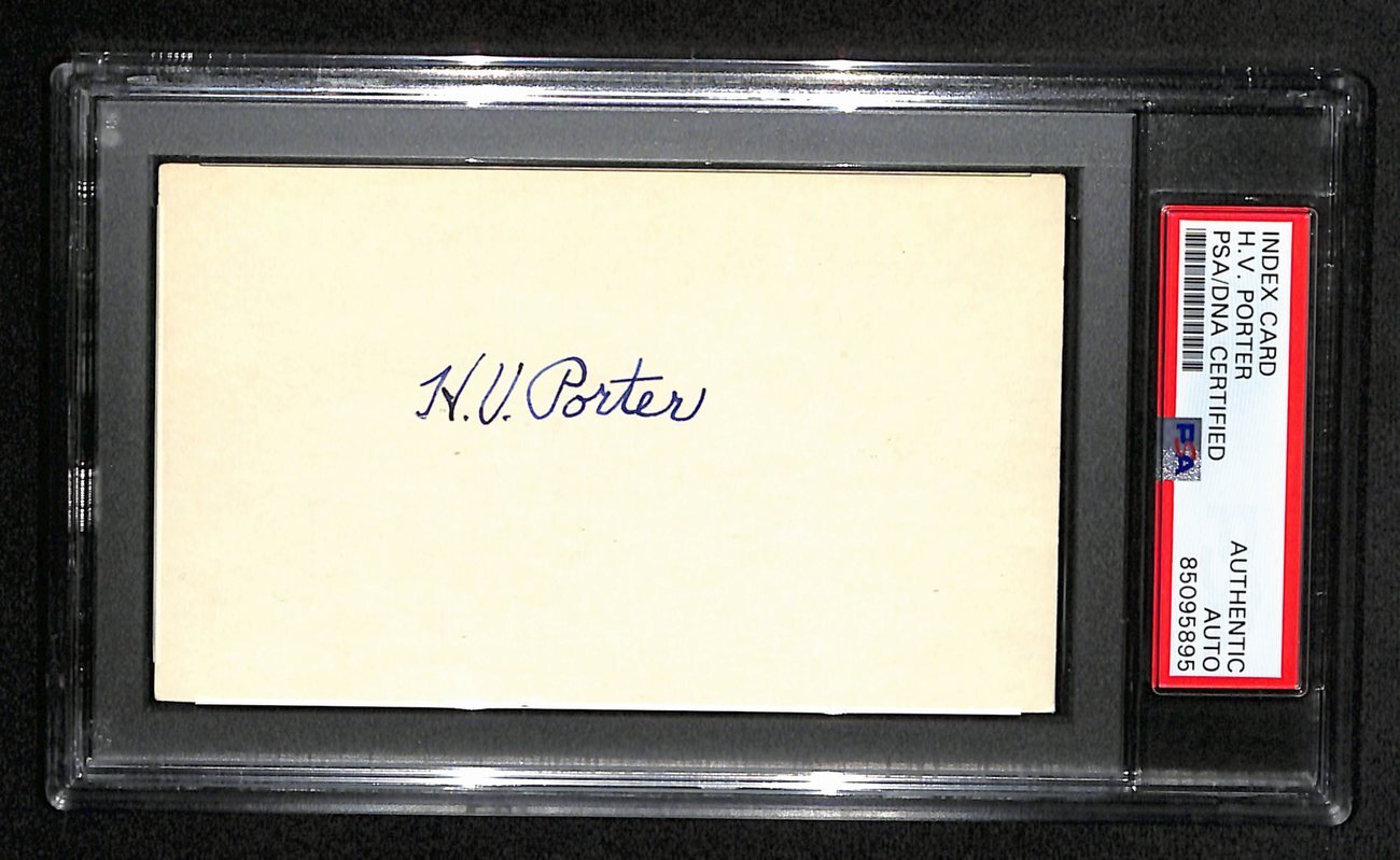 H.V. Porter Hof Signed 3X5 Index Card Coined