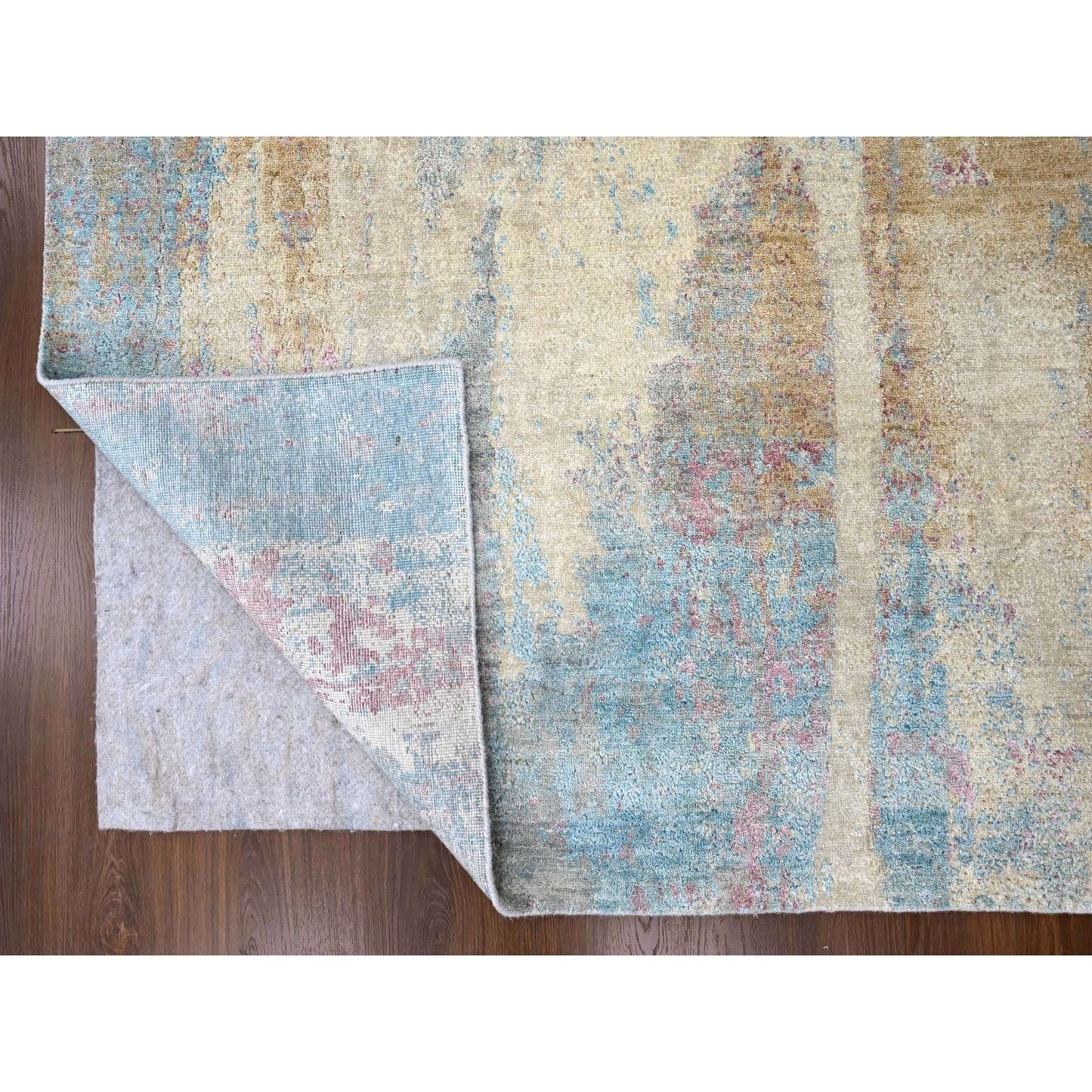 9'X12' Pastel Yellow Abstract Design Wool And Silk Shiny Hand Knotted Rug