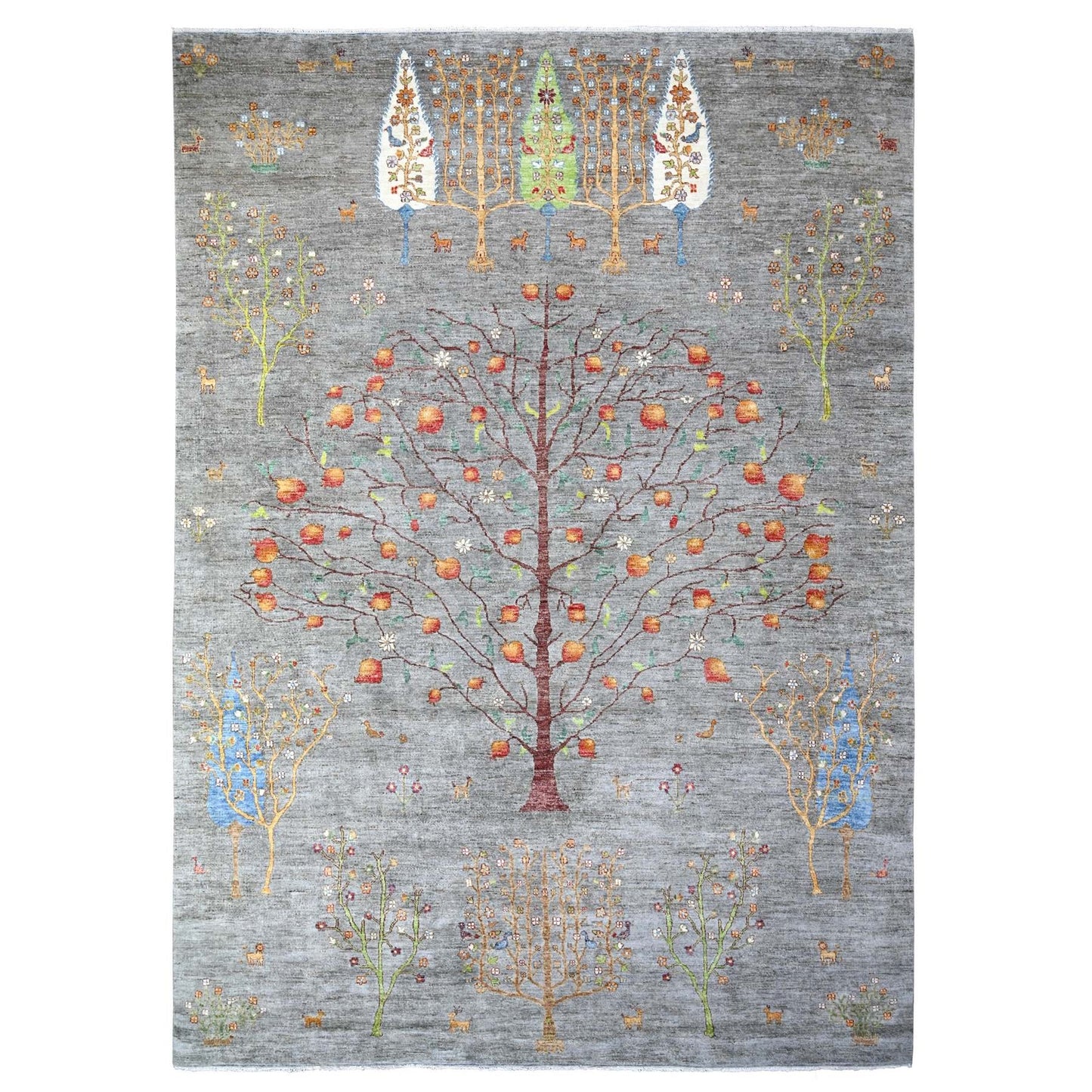 10'X13'10" Screen Gray Wool Hand Knotted Folk Art Willow Cypress Tree Rug