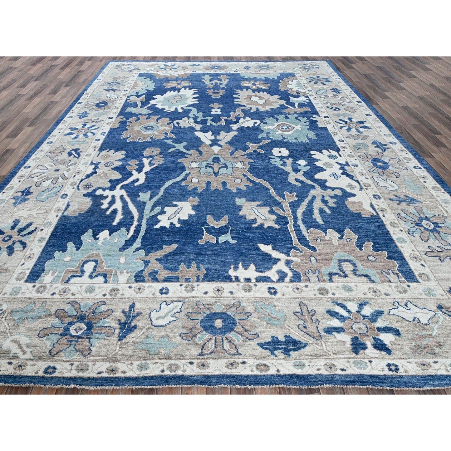 10'4"X13'6" Blue Afghan Oushak All Over Leaf Design Wool Hand Knotted Rug
