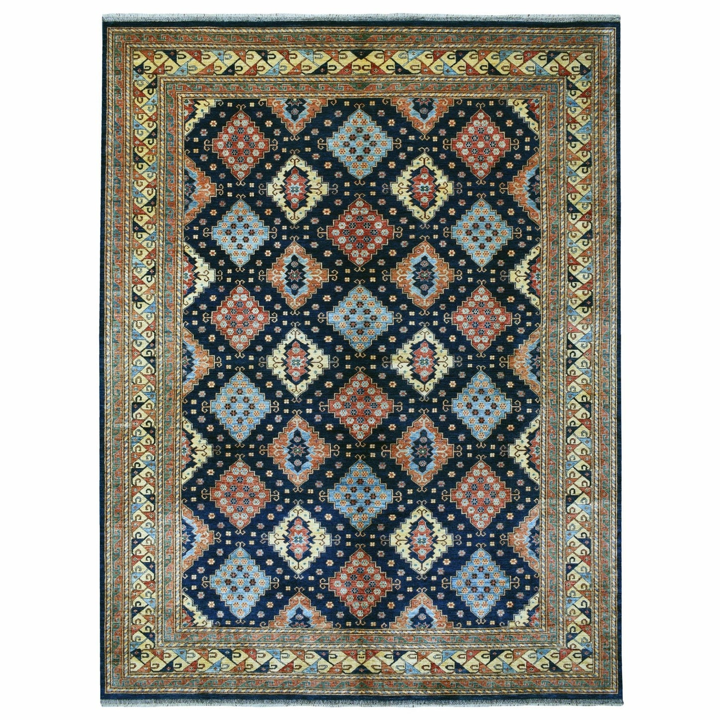 10'1"X13'3" Navy Blue Afghan Ersari Geometric Design Handknotted Wool Rug
