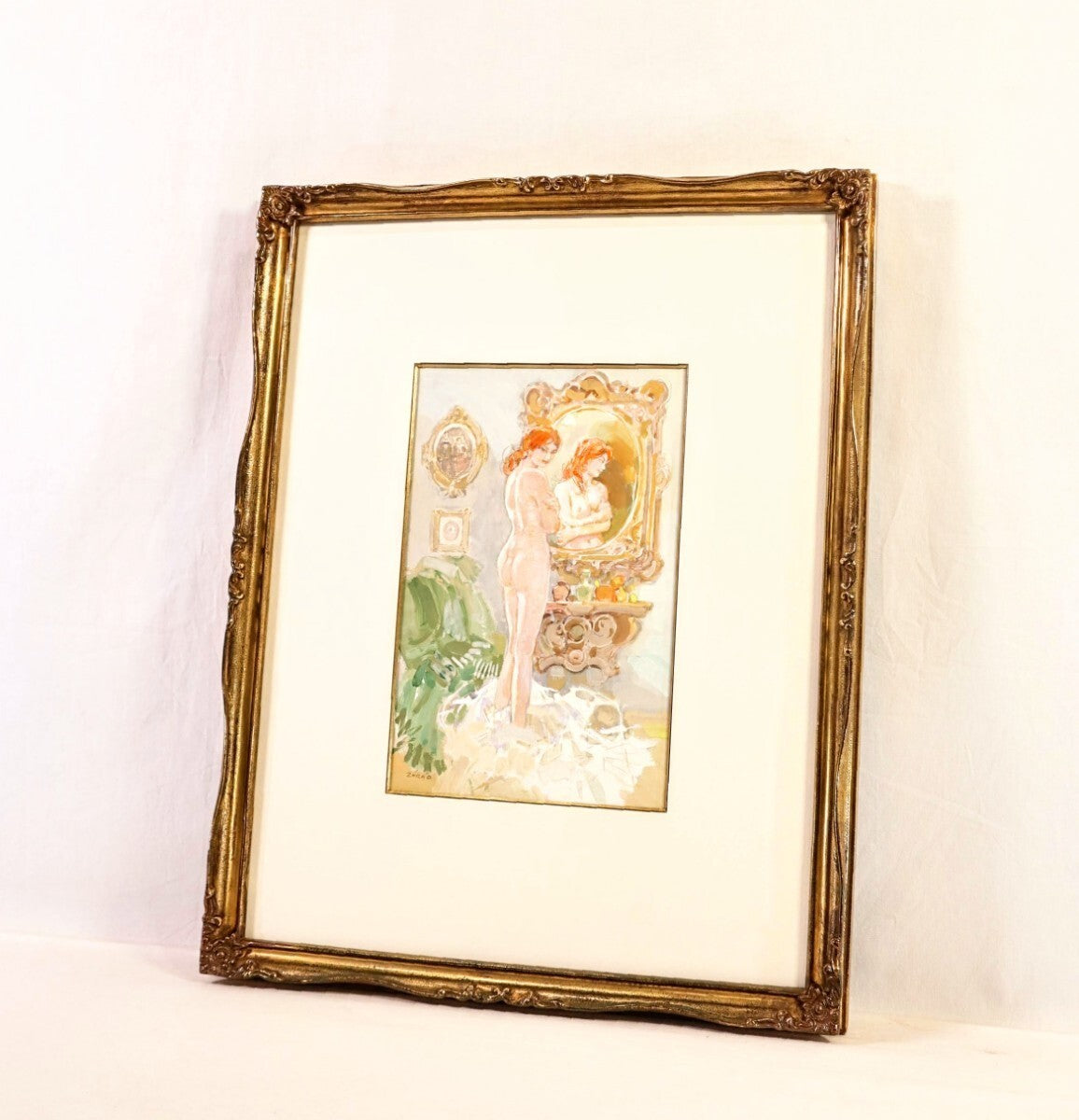 Erno Zorad "Mirror" Signed Watercolor Nude Painting - Rare Hungarian Artist