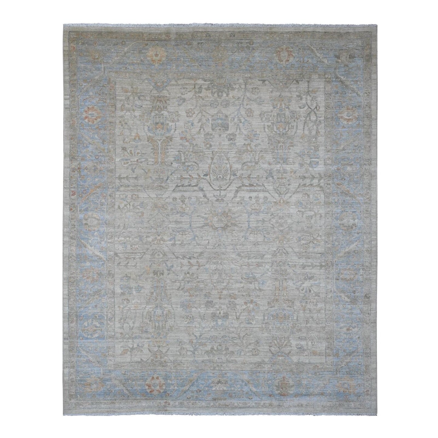 8'2"X10' White Afghan Peshawar Heris All Over Motif Hand Knotted Wool Rug