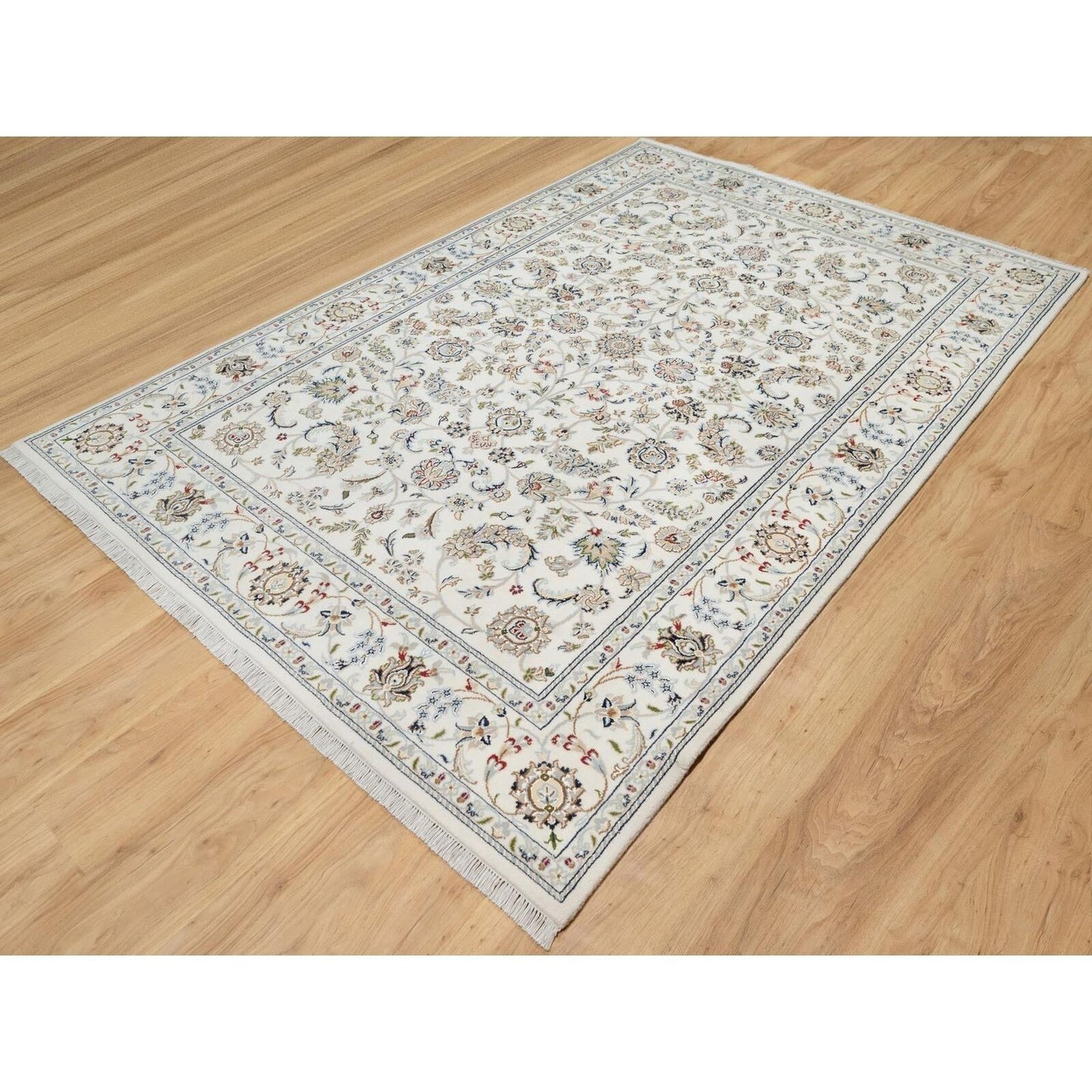 5'10"X9'1" Natural White Hand Knotted Nain 250 Kpsi Wool And Silk Rug