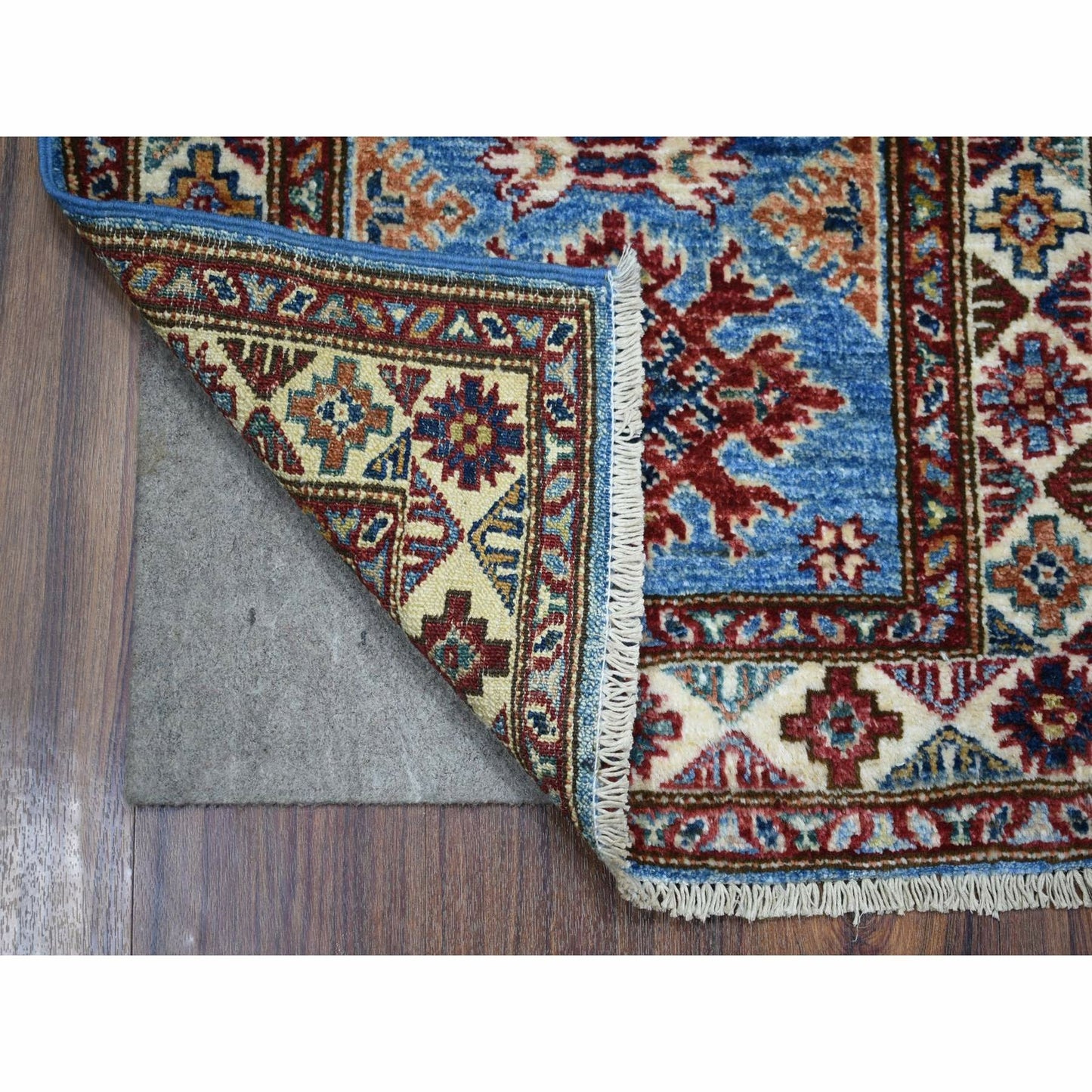 2'1"X2'10" Blue Pure Wool Hand Knotted Caucasian Super Kazak Mat Rug