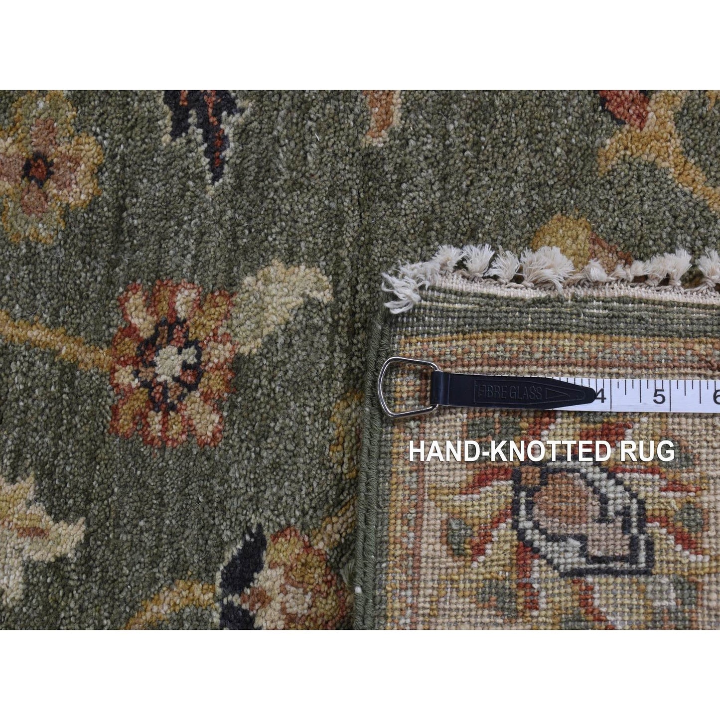 3'6"X32'2" Moss Green Pure Wool Hard Twist Agra Runner Hand Knotted Rug