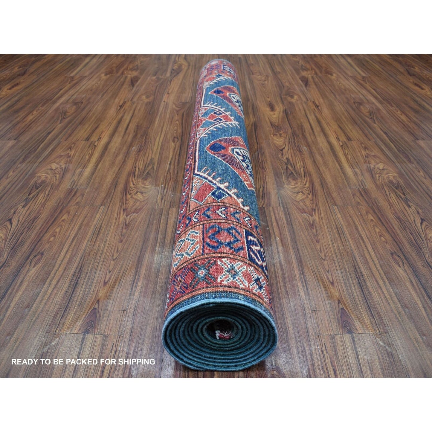 4'10"X12'9" Teal Afghan Ersari Geometric Design Hand Knotted Wool Rug