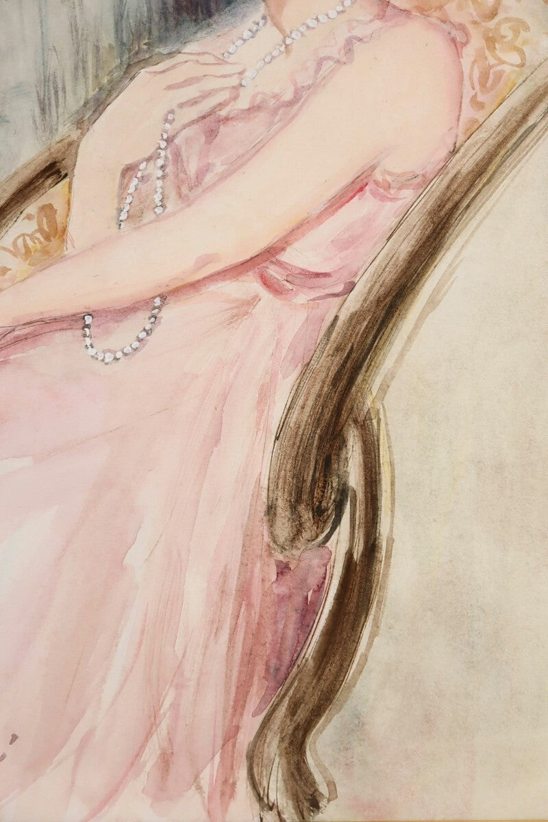 Bernard Charoy Original Watercolor Painting "Lady In Pink Dress" Signed French