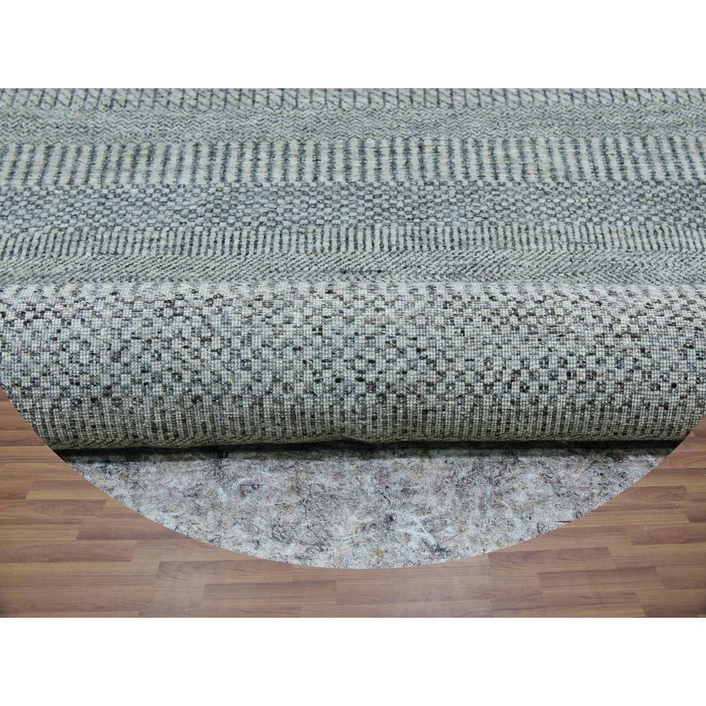 10'X10' Trout Gray Hand Knotted Modern Grass Design Undyed Wool Round Rug