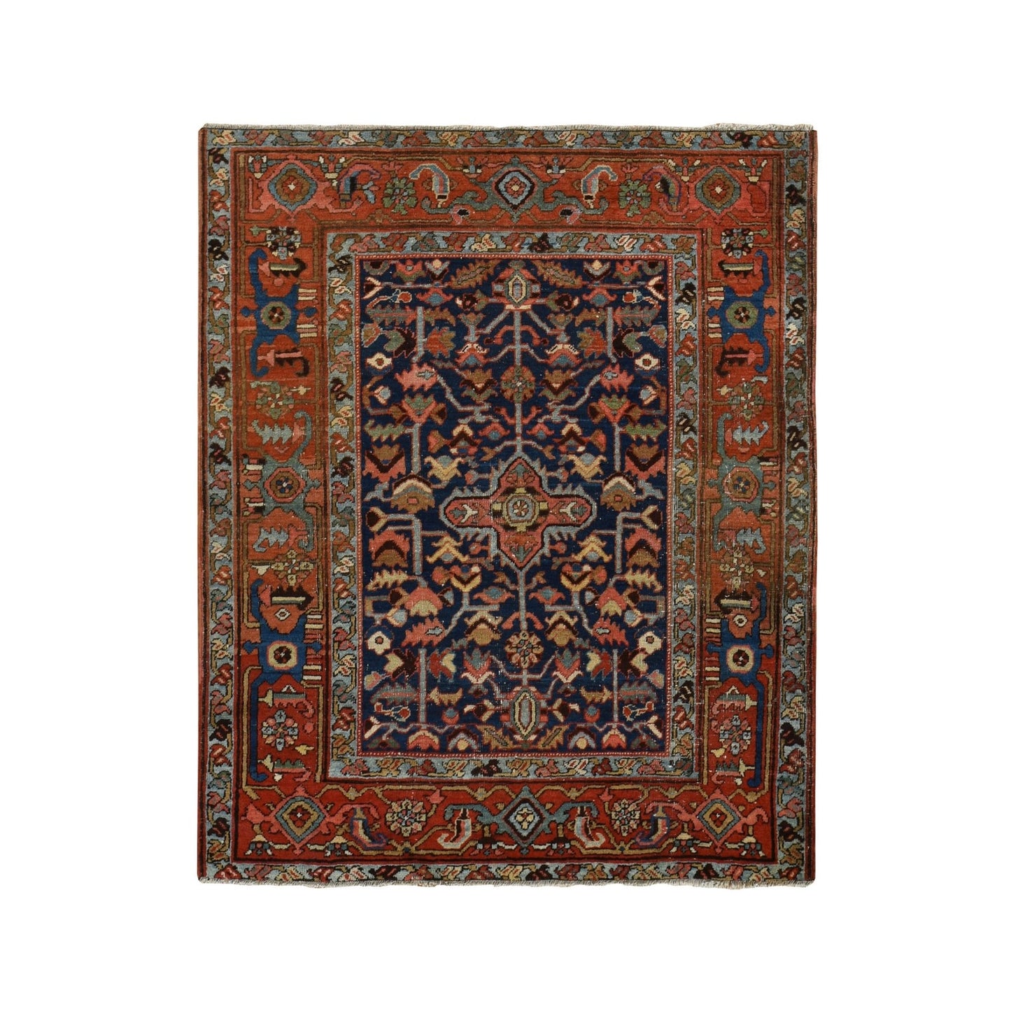 4'6"X5'6" Blue Antique Zoroastrian Heris Wide Serapi Borders Oriental Rug