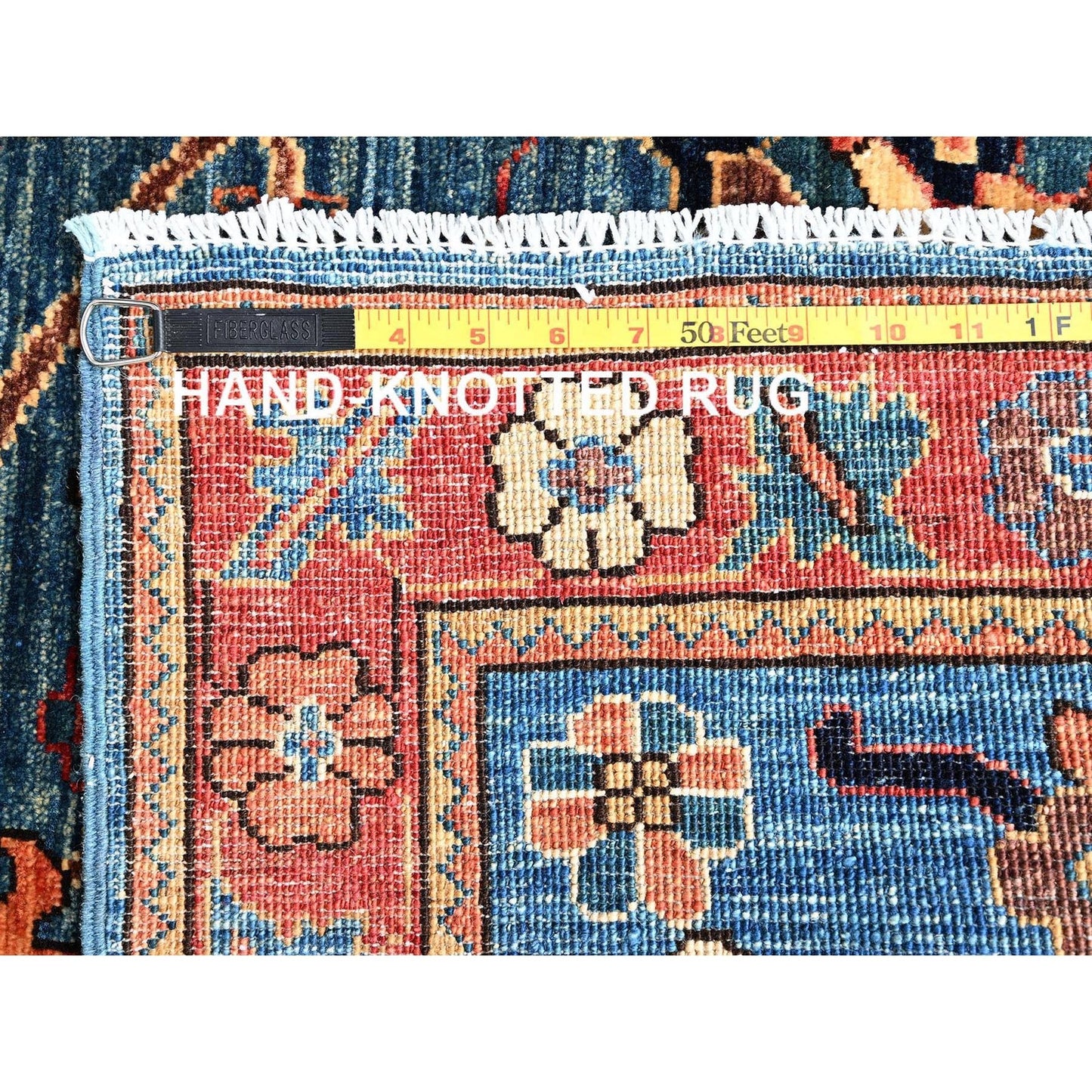 4'2"X9'7" Blue Heris All Over Design Hand Knotted Pure Wool Wide Runner Rug