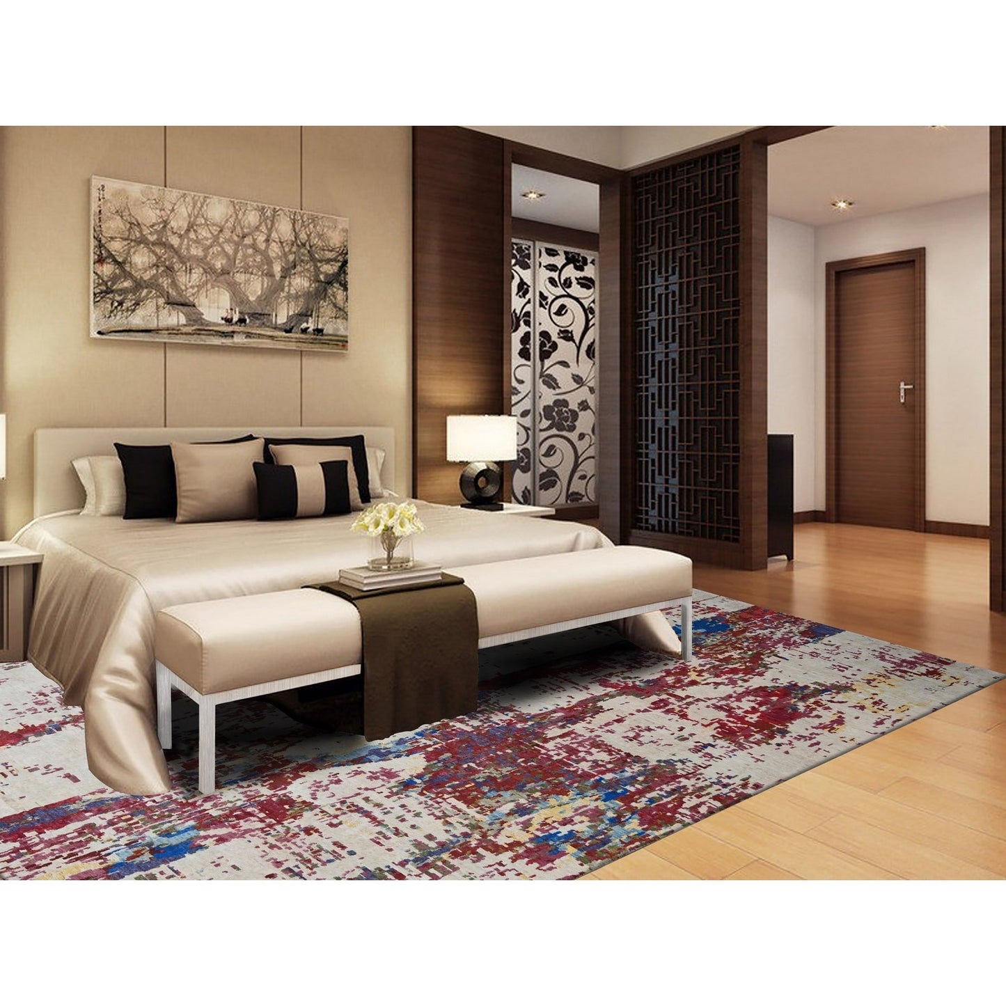 9'3"X12'2" Accessible Beige Pure Wool Abstract Design Hand Knotted Rug