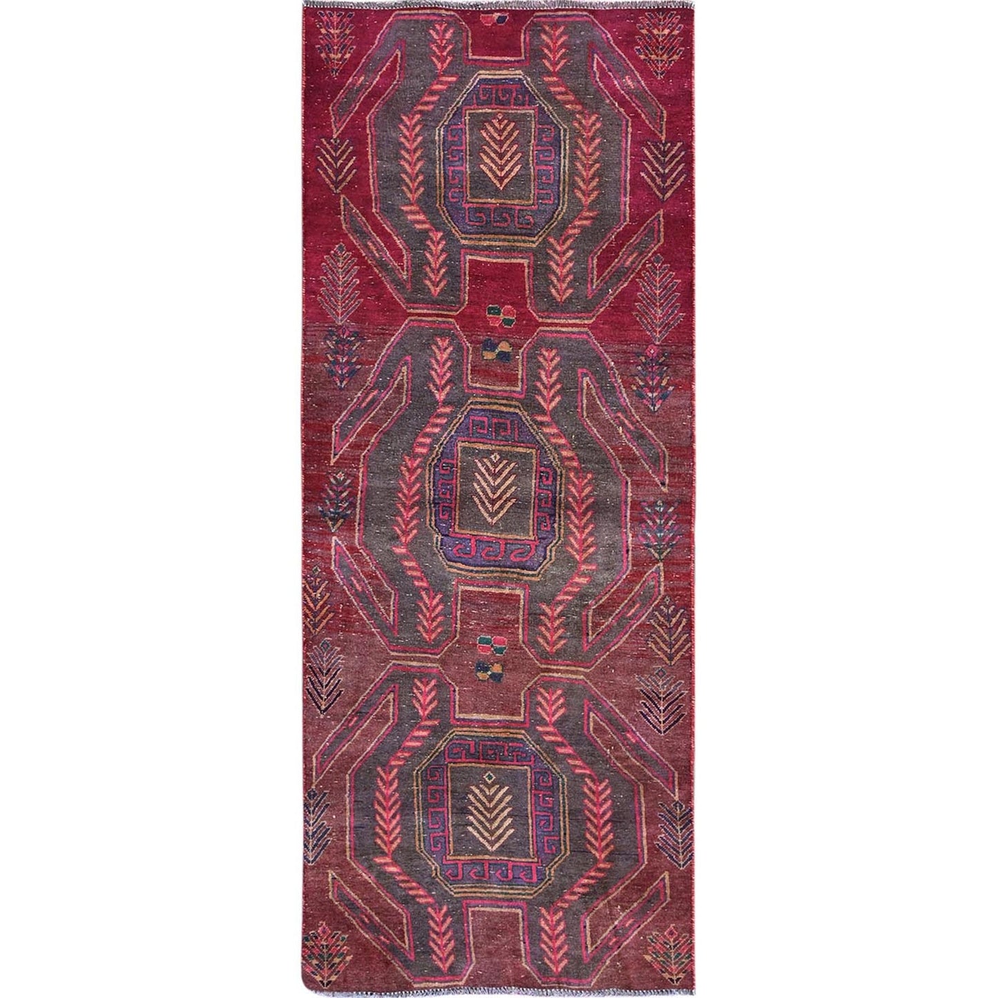 3'X7'7" Red Overdyed Vintage Northwest Zoroastrian Hand Knotted Runner Rug