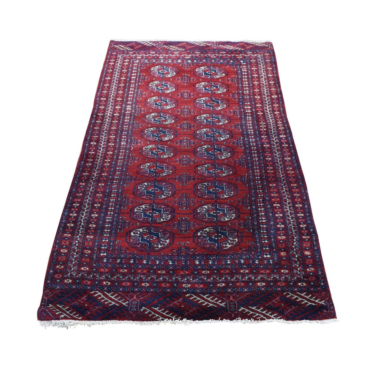 3'1"X5'4" Crimson Red Old Turkeman Bokara Hand Knotted Clean Wool Rug
