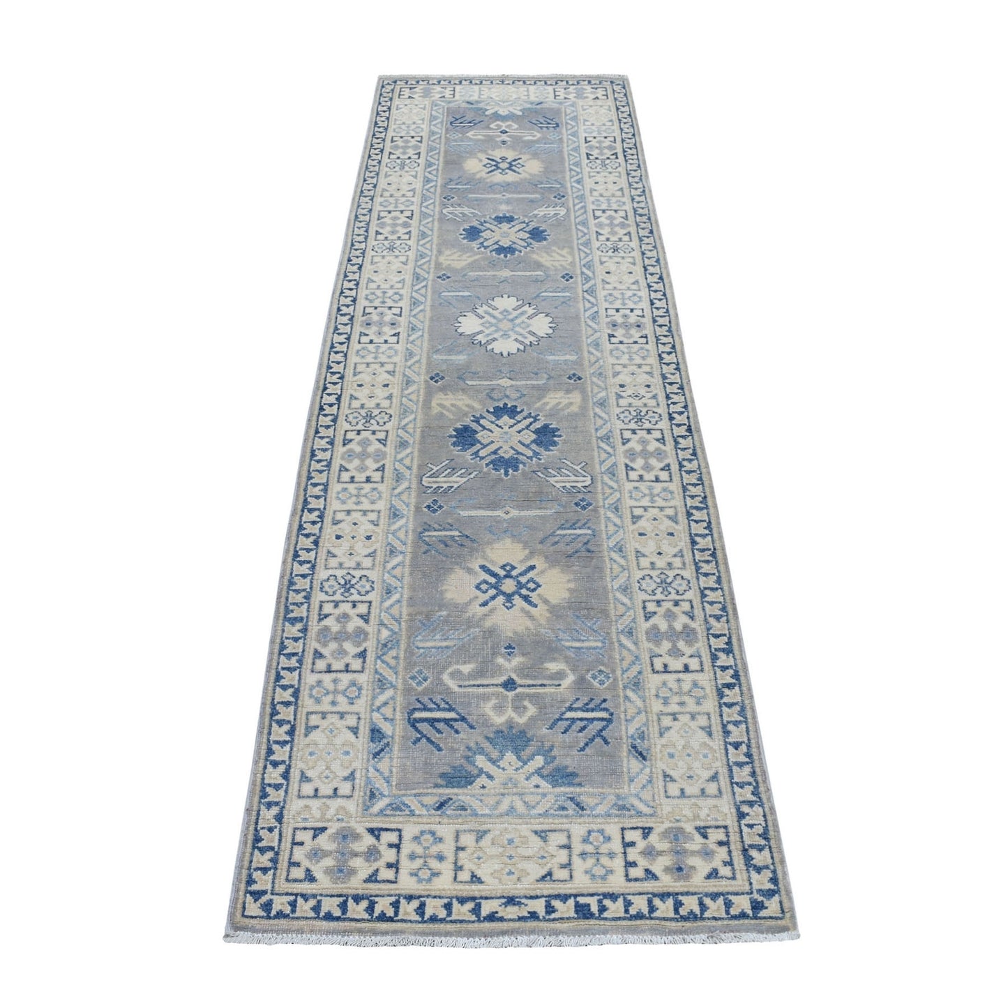 2'6"X9'4" Gray Vintage Look Kazak Wool Tribal Design Hand Made Runner Rug