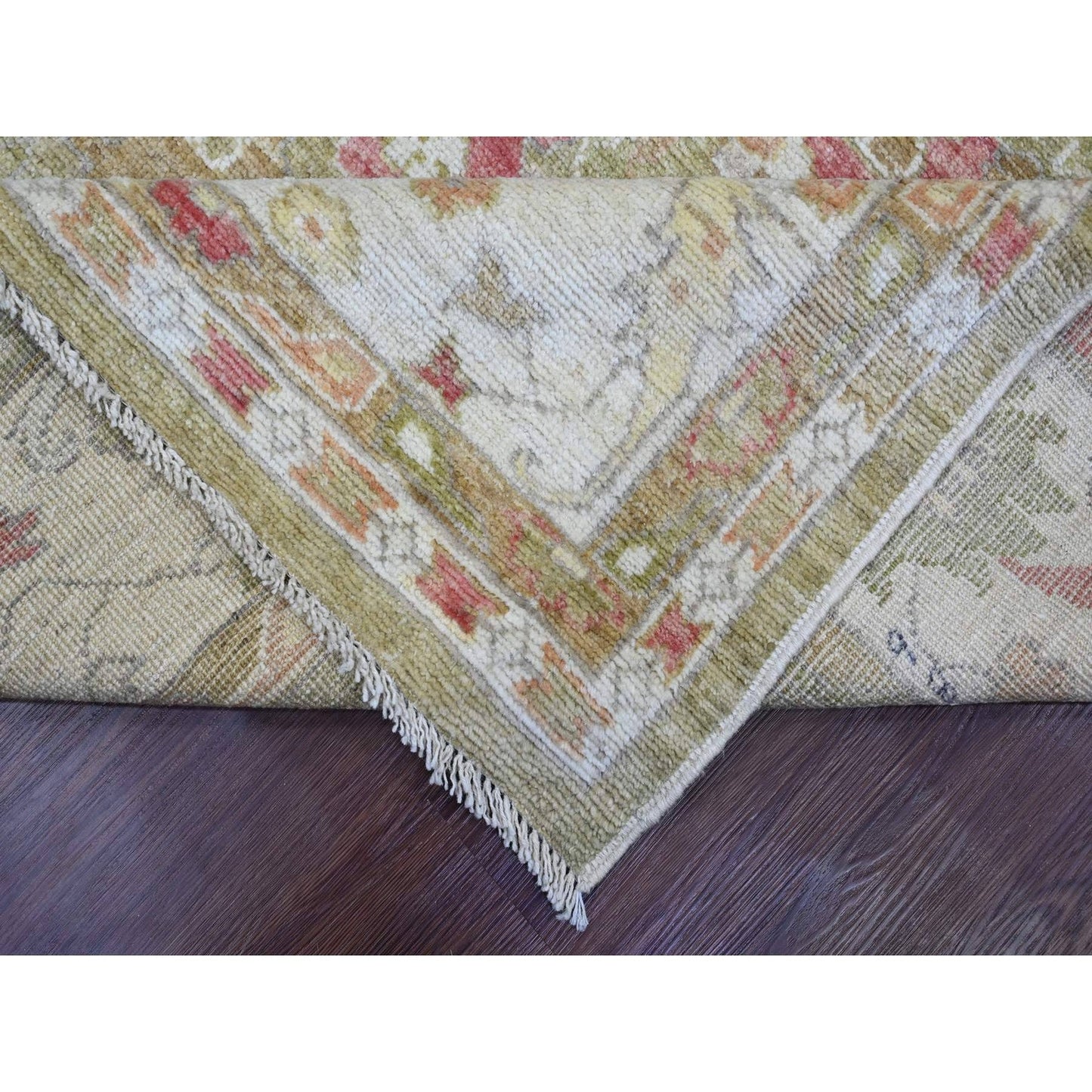 8'1"X9'7" Green Afghan Angora Oushak Leaf Design Wool Hand Knotted Rug