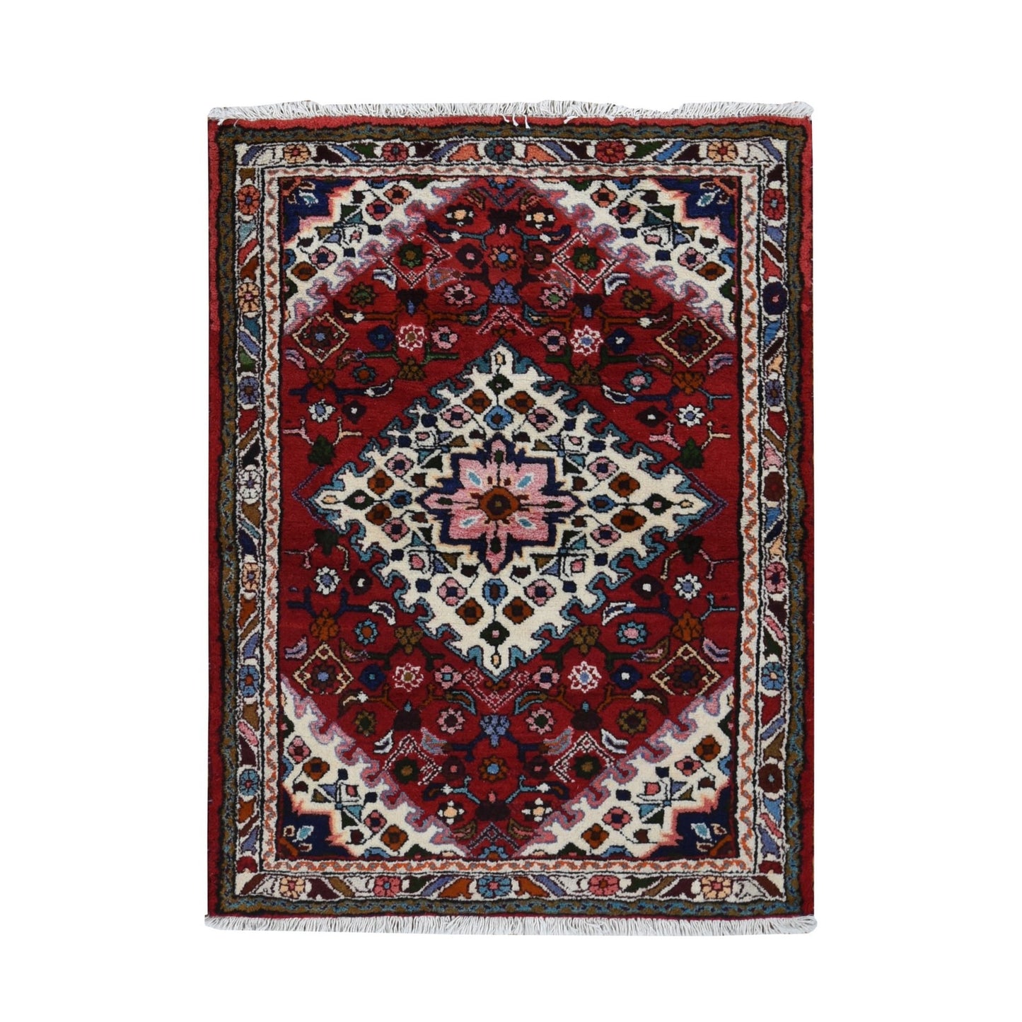 3'7"X4'8" Red New Zoroastrian Bohemian Khmadan Pure Wool Hand Knotted Rug