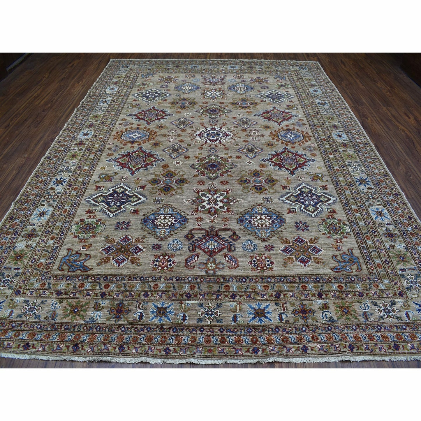 9'X11'9" Hand Knotted Beige Super Kazak Extra Soft Wool Oriental Rug