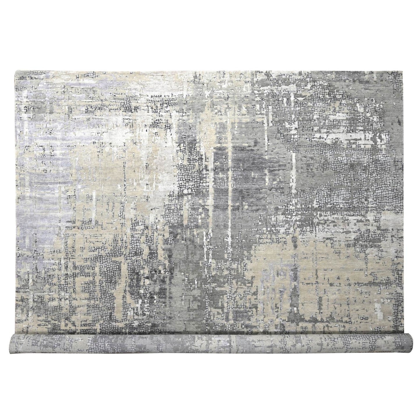 12'X12' Gray Abstract Design Wool And Silk Hand Knotted Square Rug