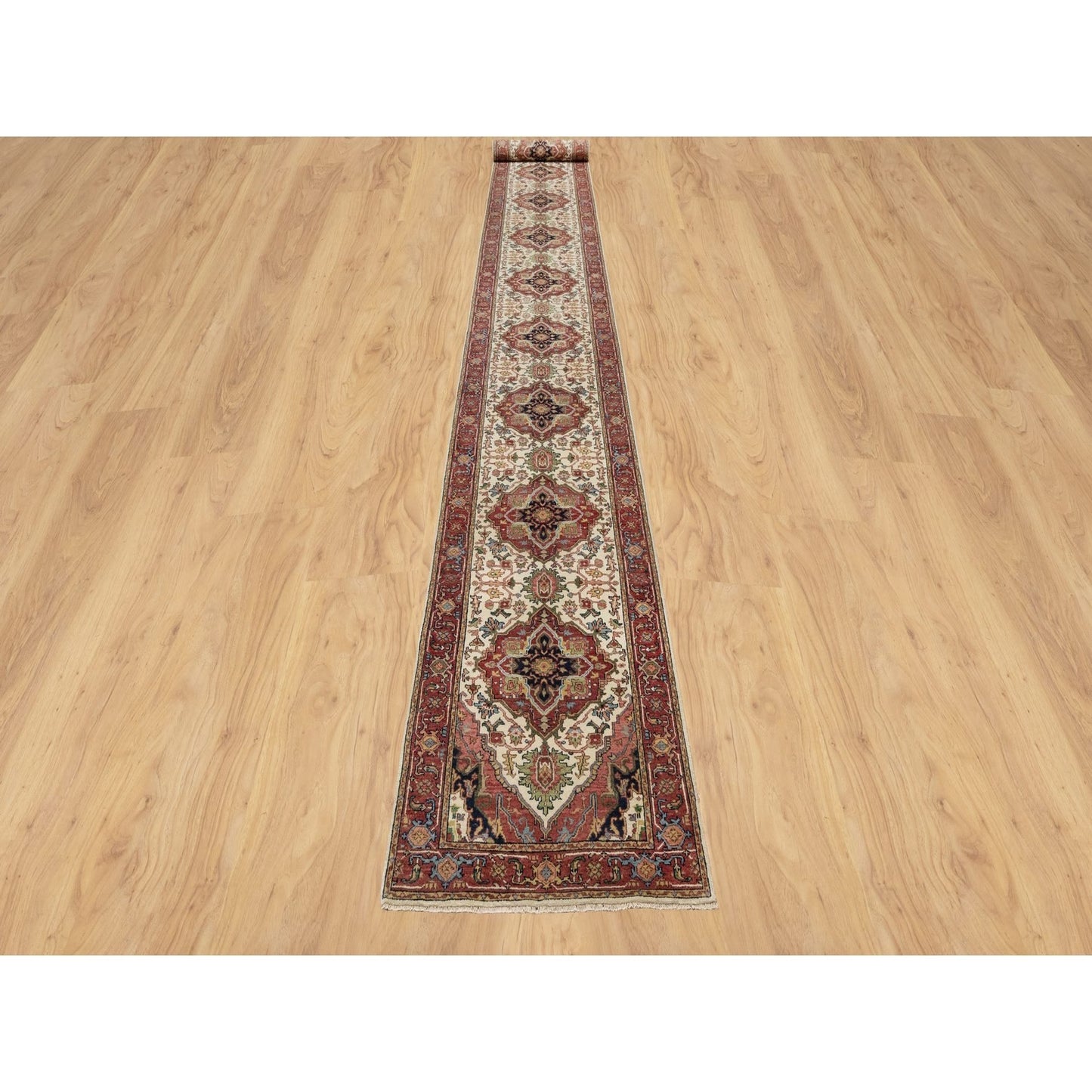 2'7"X25'5" Ivory Hand Knotted Antiqued Heris Re-Creation Wool Runner Rug