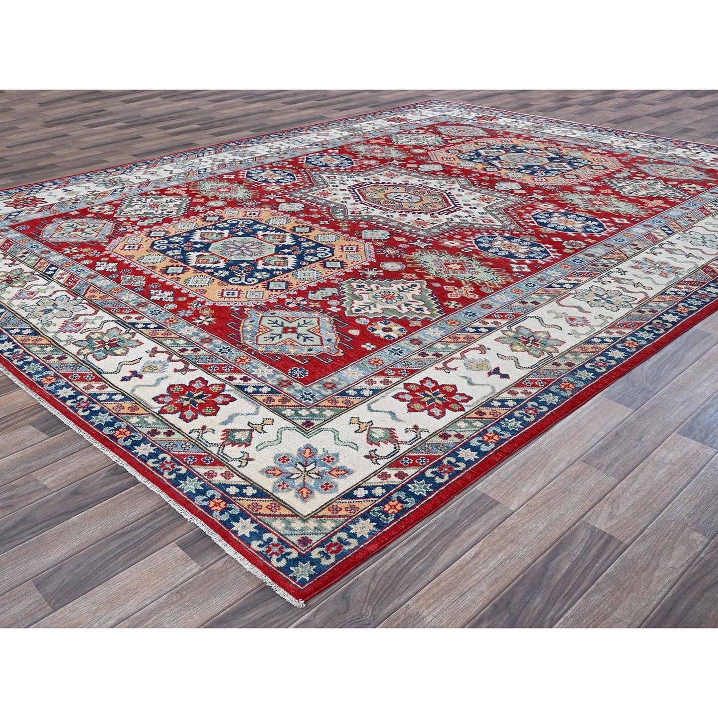9'1"X11'9" Berry Red Kazak With Geometric Design Hand Knotted Soft Wool Rug