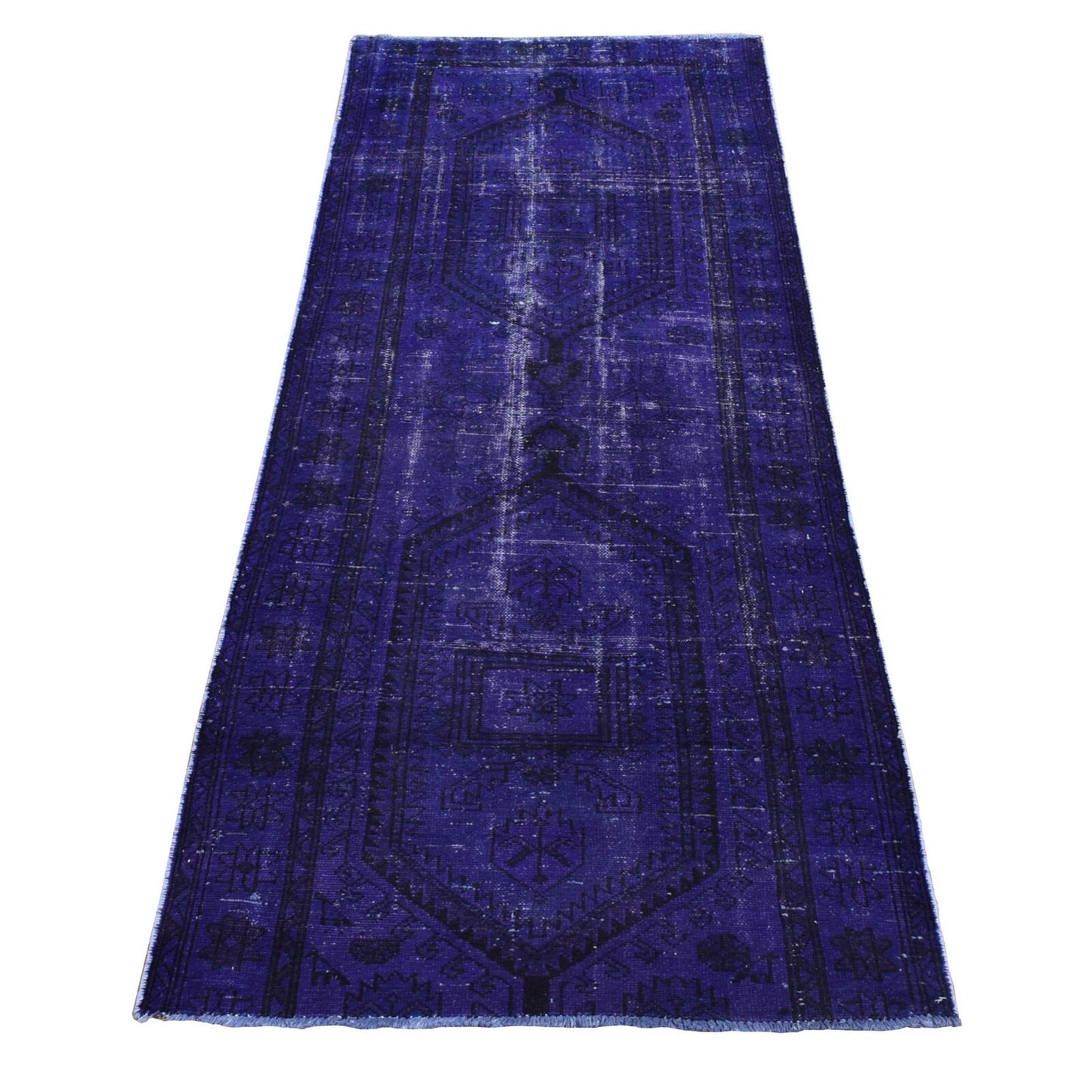 3'4"X8'7" Indigo Overdyed Vintage Amadan Pure Wool Handmade Runner Rug