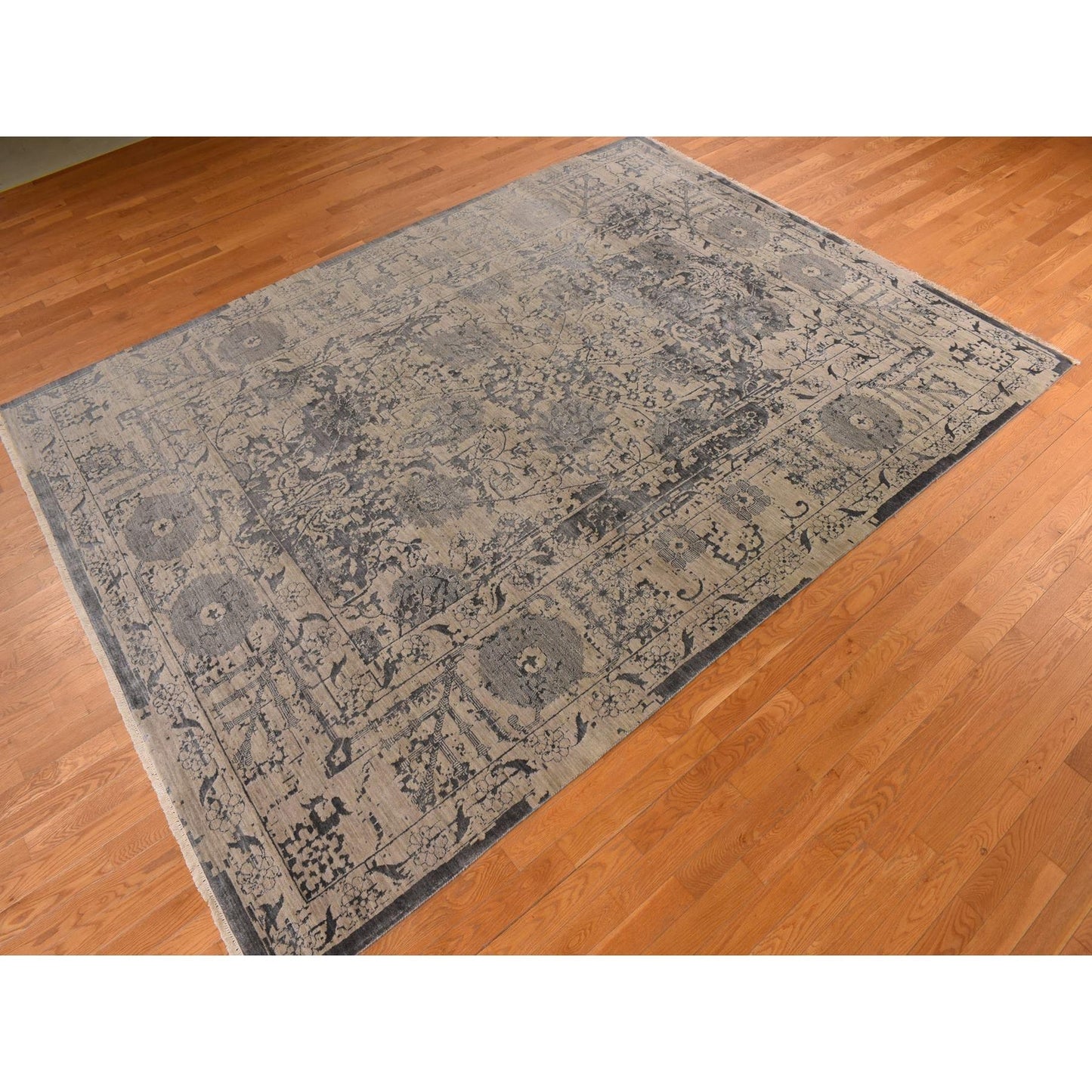9'1"X12' Tan Color Erased Zoroastrian Design Wool & Silk Hand Knotted Rug