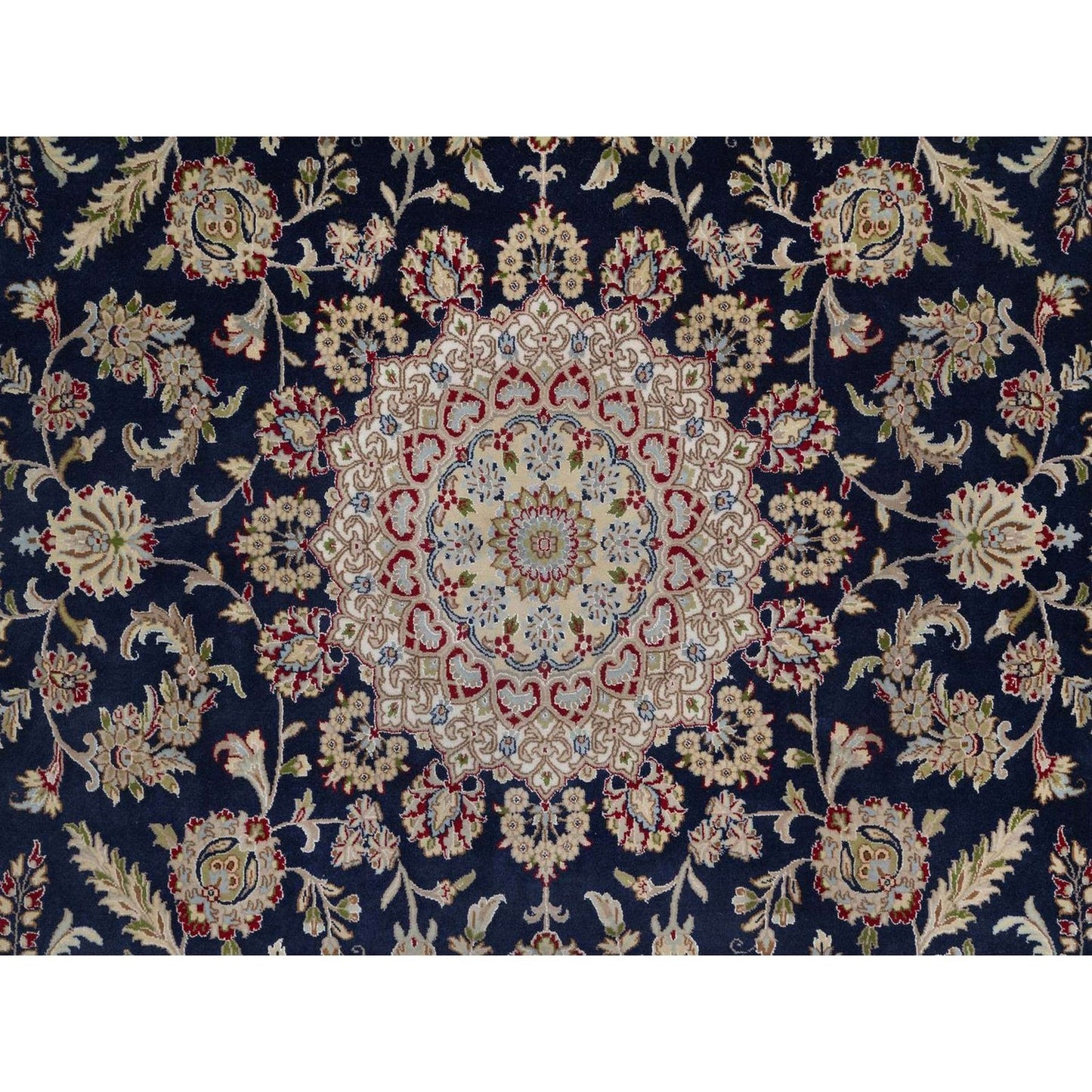 9'X12'2" Midnight Blue Nain Flower Design Wool And Silk Hand Knotted Rug